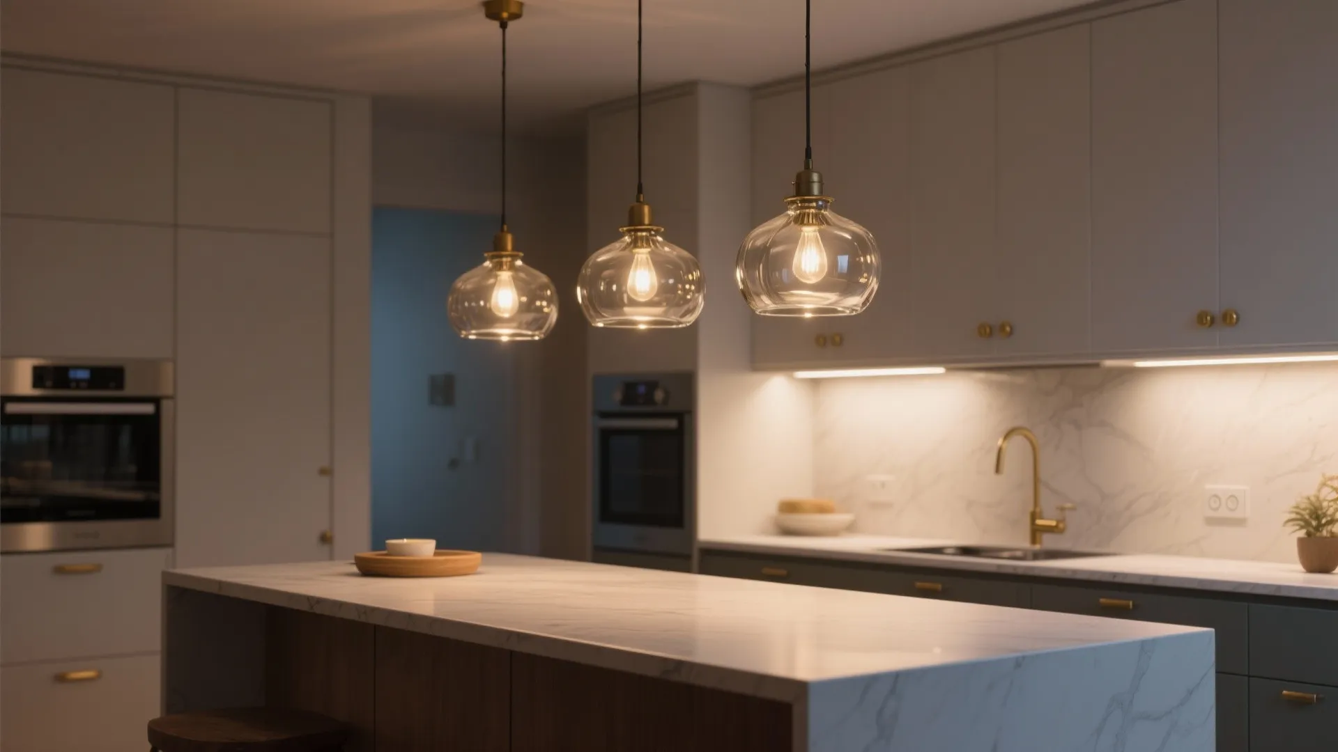 Modern kitchen island with marble countertop and three glass hanging light fixtures in a row