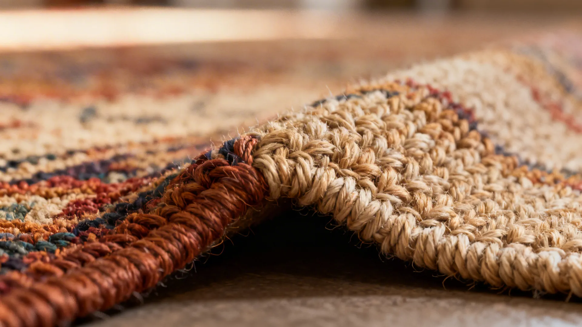 Macro view of hand-knotted wool rug showing dense knots and rich texture.