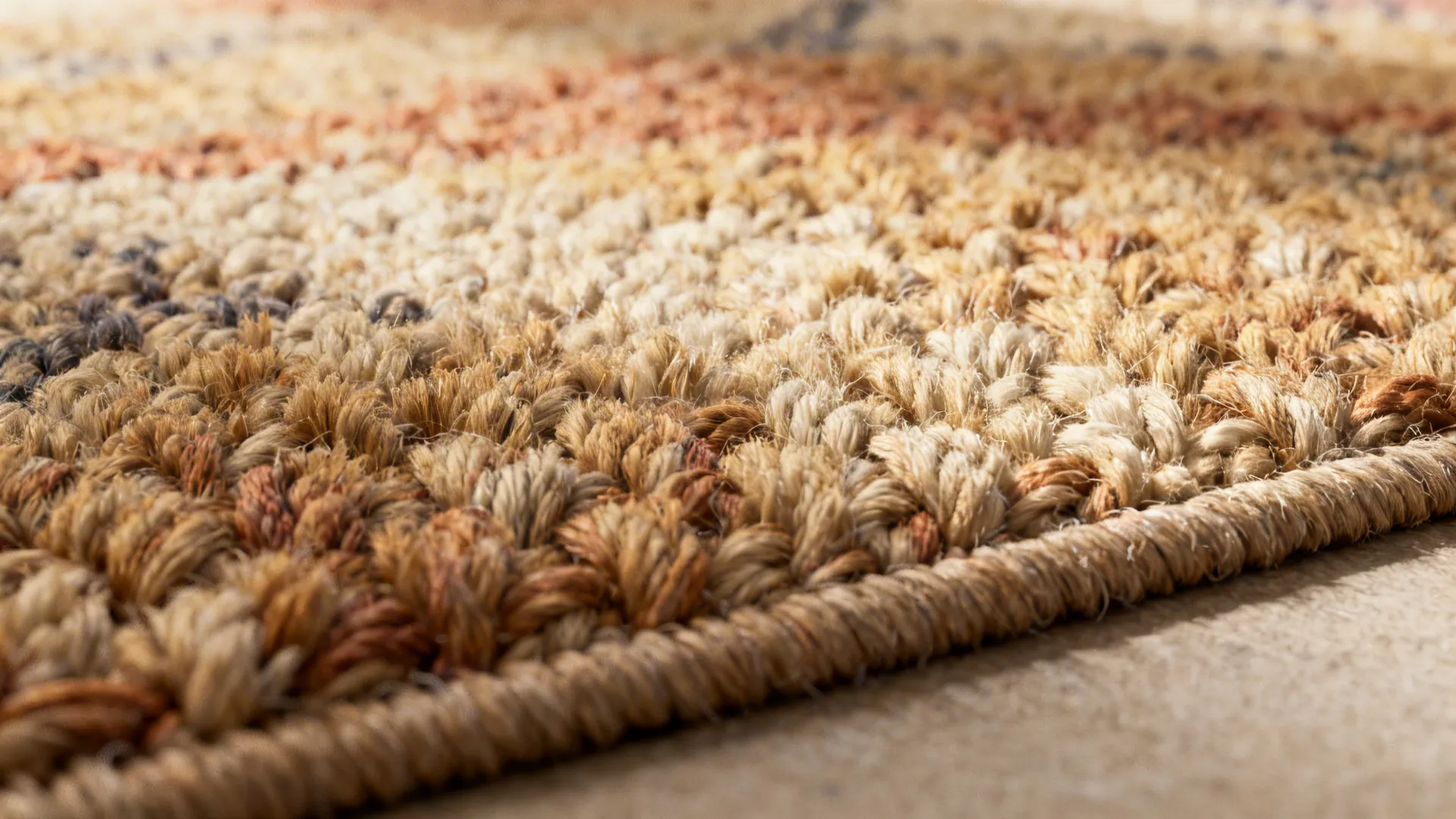 Close-up of hand-knotted wool rug showing knot structure and warm pile texture.