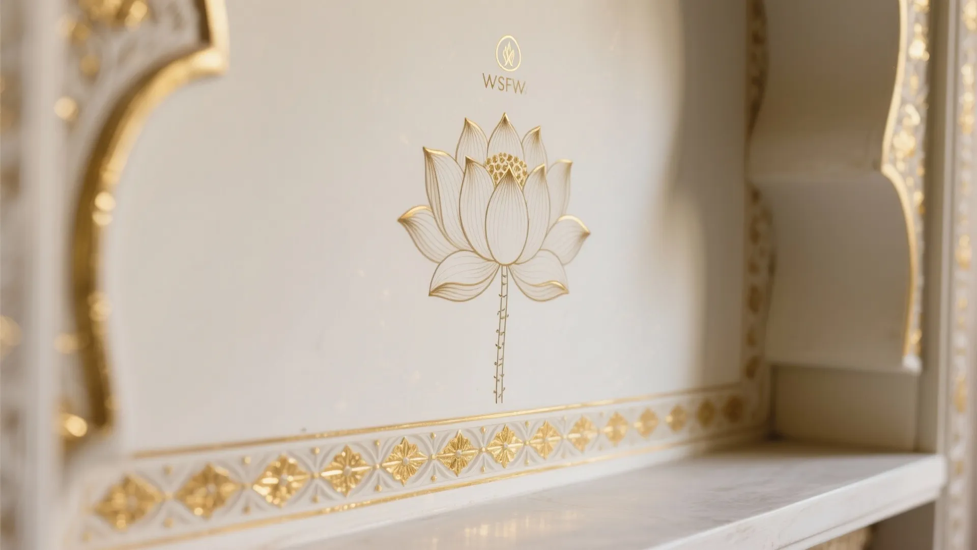 White wall with gold lotus flower drawing and decorative gold borders above a stone shelf
