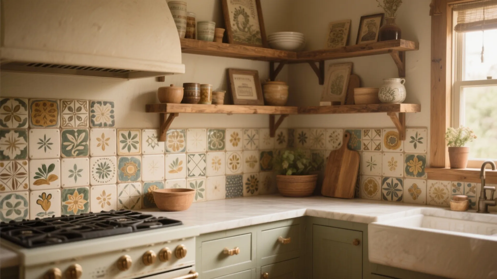 Rustic kitchen with hand painted pattern wall tiles wooden shelves green cabinets and gas stove