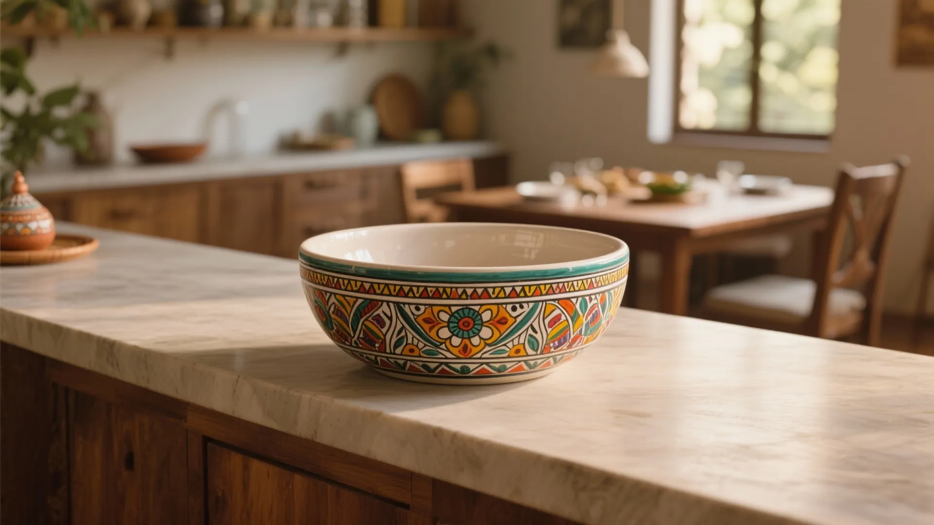 Colorful hand painted ceramic bowl on marble kitchen counter with blurred dining table in background