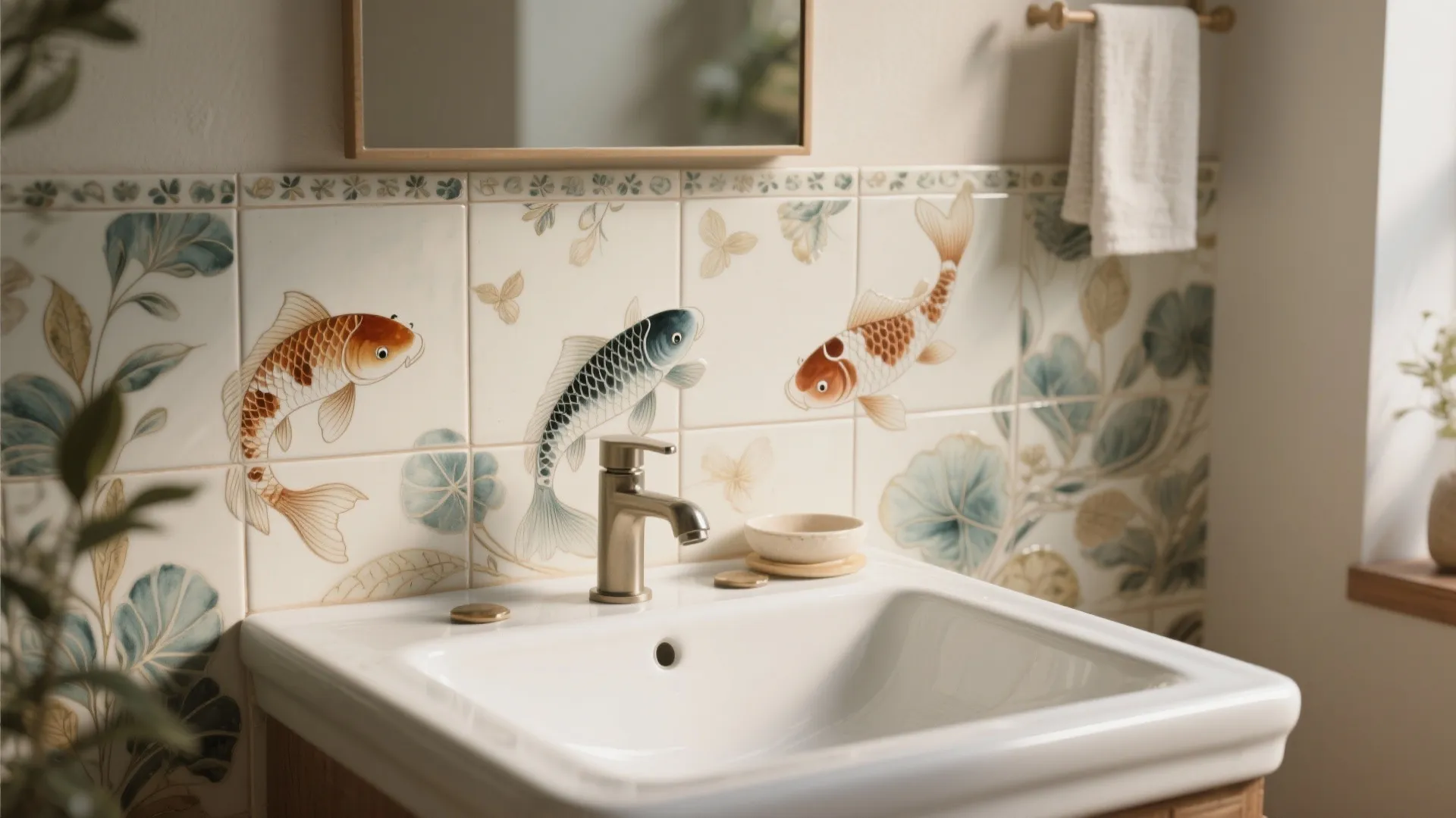 Bathroom sink with white basin and wall tiles featuring painted fish designs and green leaves