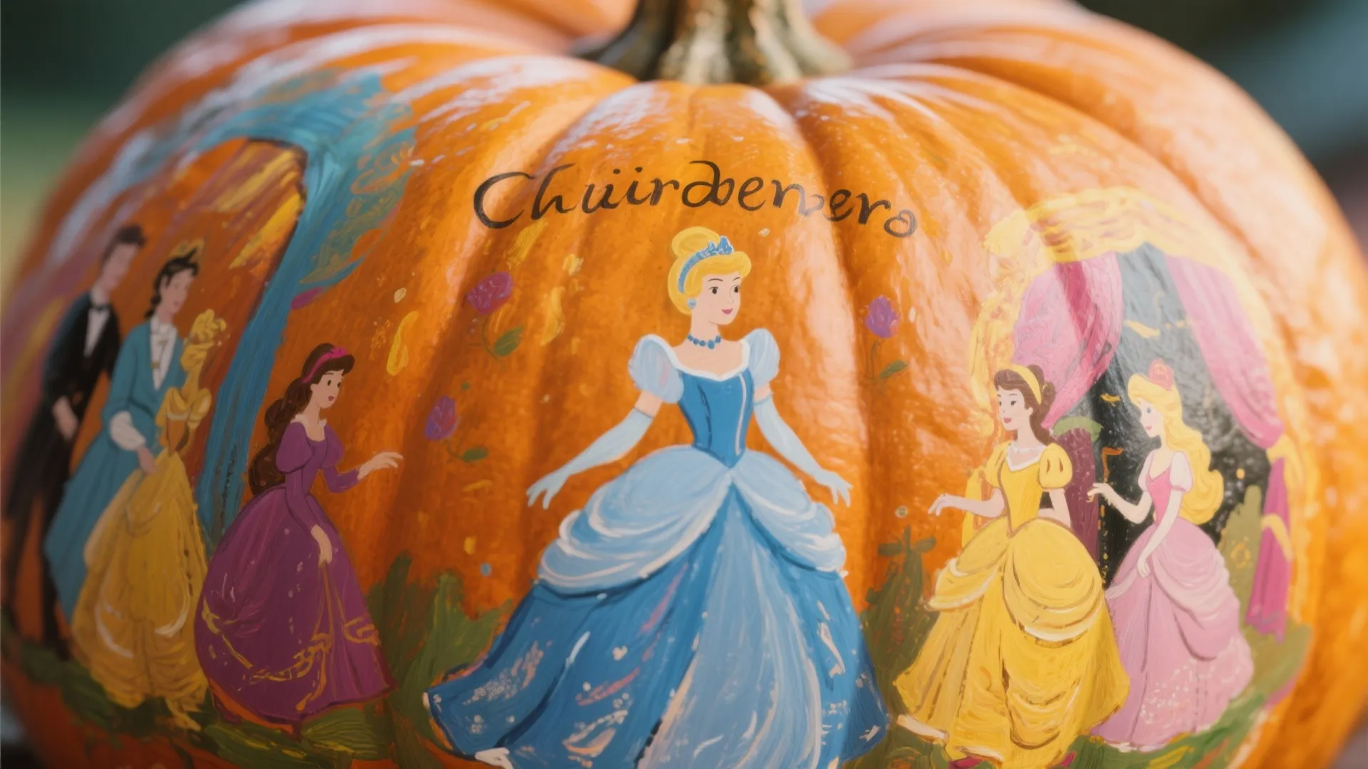 Pumpkin with hand-painted scenes from Cinderella story