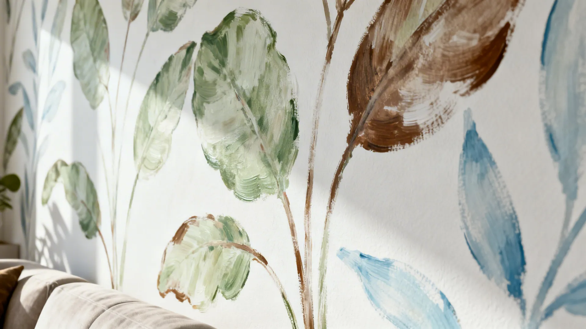 Close-up of a subtle botanical hand-painted mural on a white living room wall