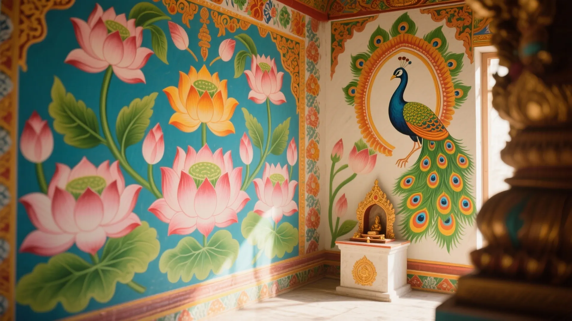 Colorful wall painting with pink lotus flowers and a peacock next to a small white altar