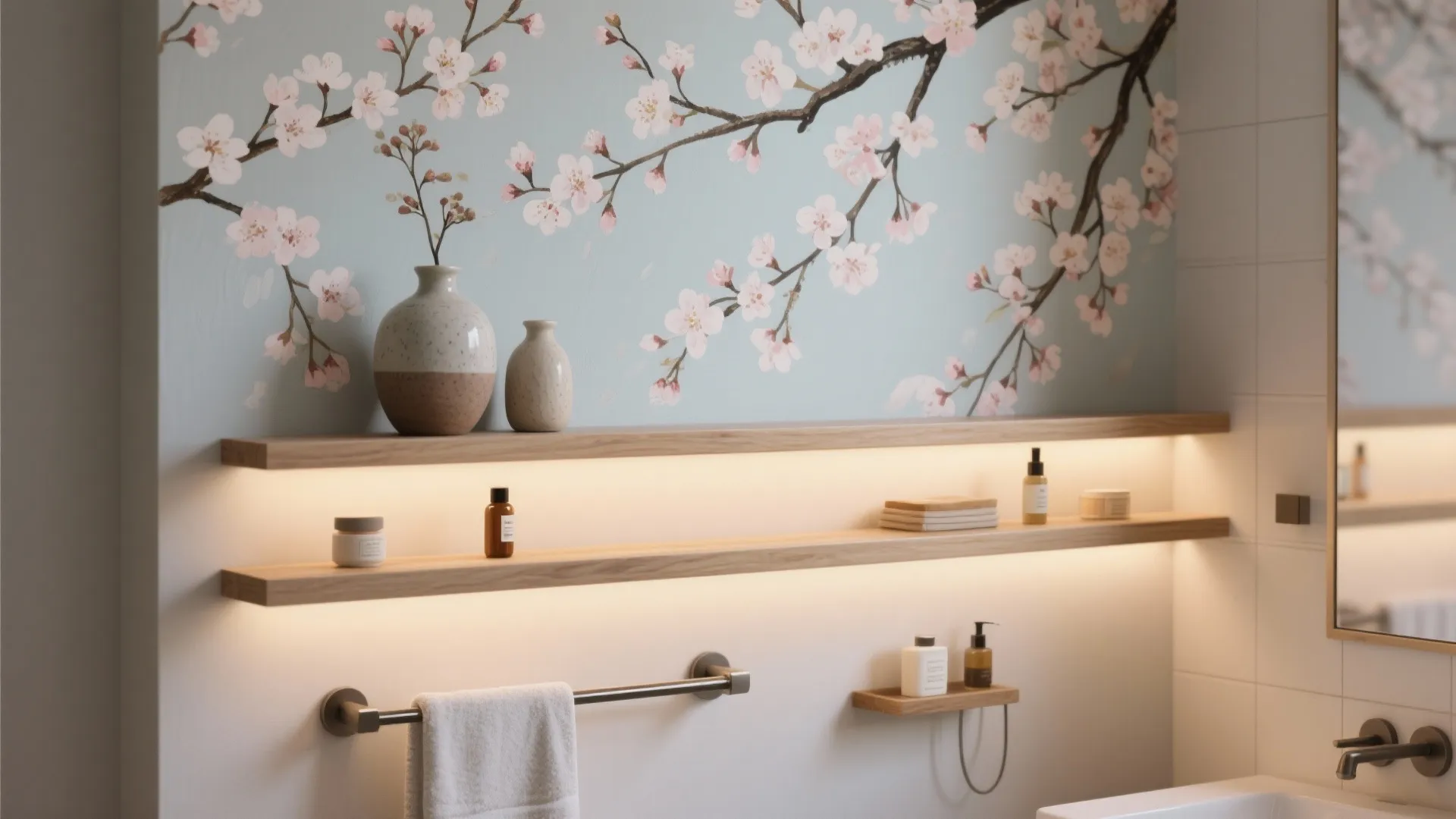 3. Hand-Painted Details and Floating Shelves