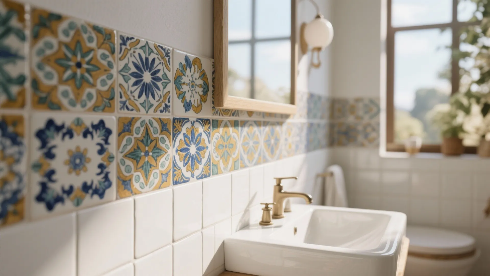 Bright bathroom with colorful patterned wall tiles white sink gold faucet and natural light from window