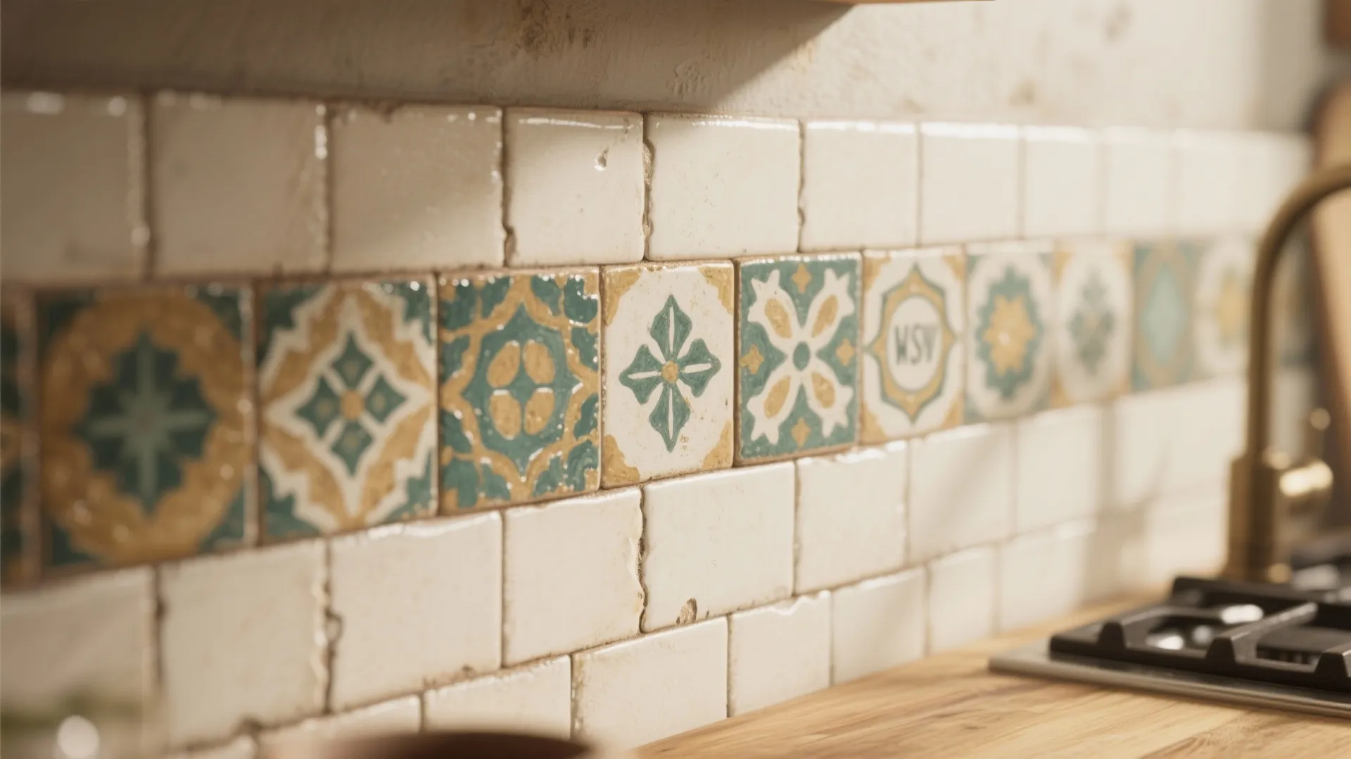 Close up of patterned wall tiles with green and yellow designs in a bright clean kitchen