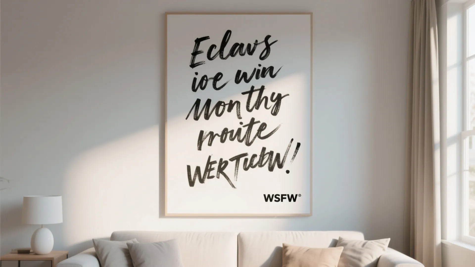 Hand-painted typography canvas in a bright minimalist living room