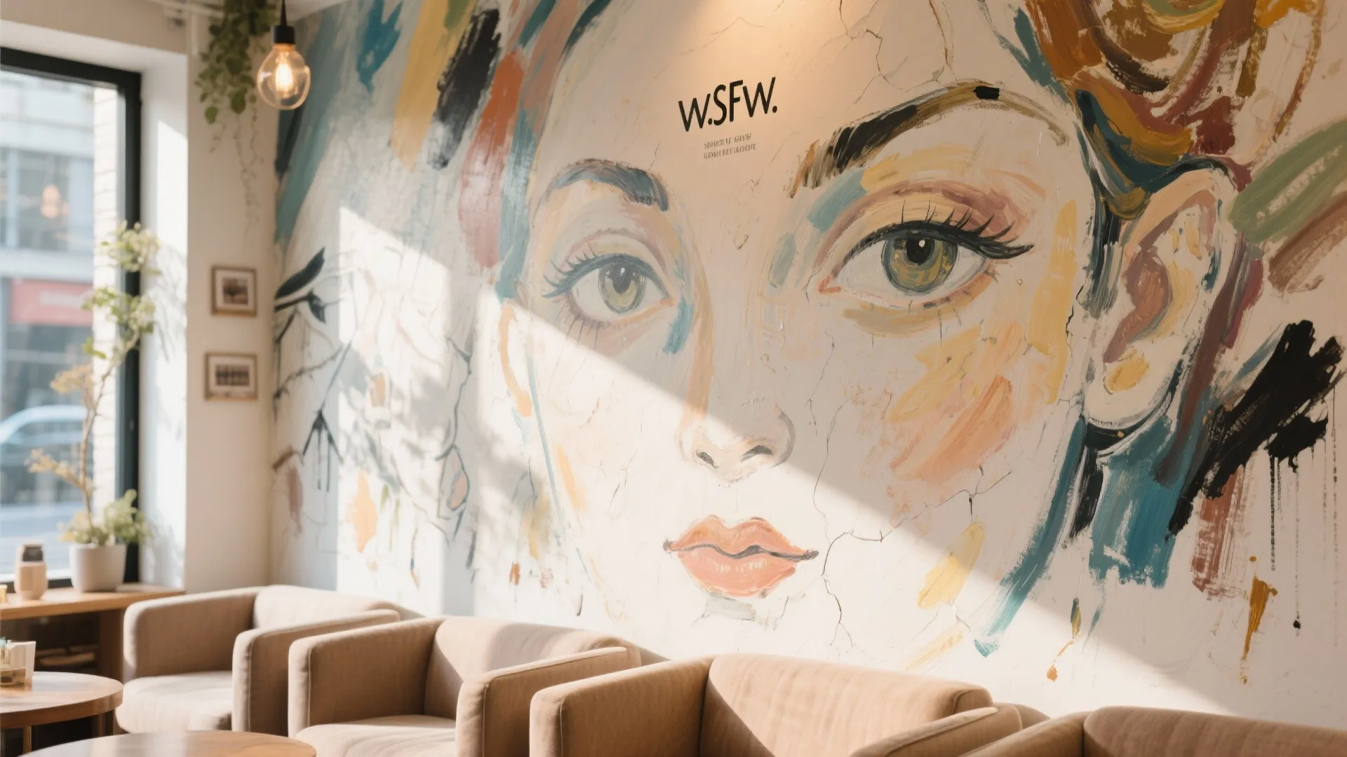 Large hand painted wall mural of woman face in room with brown chairs and plants