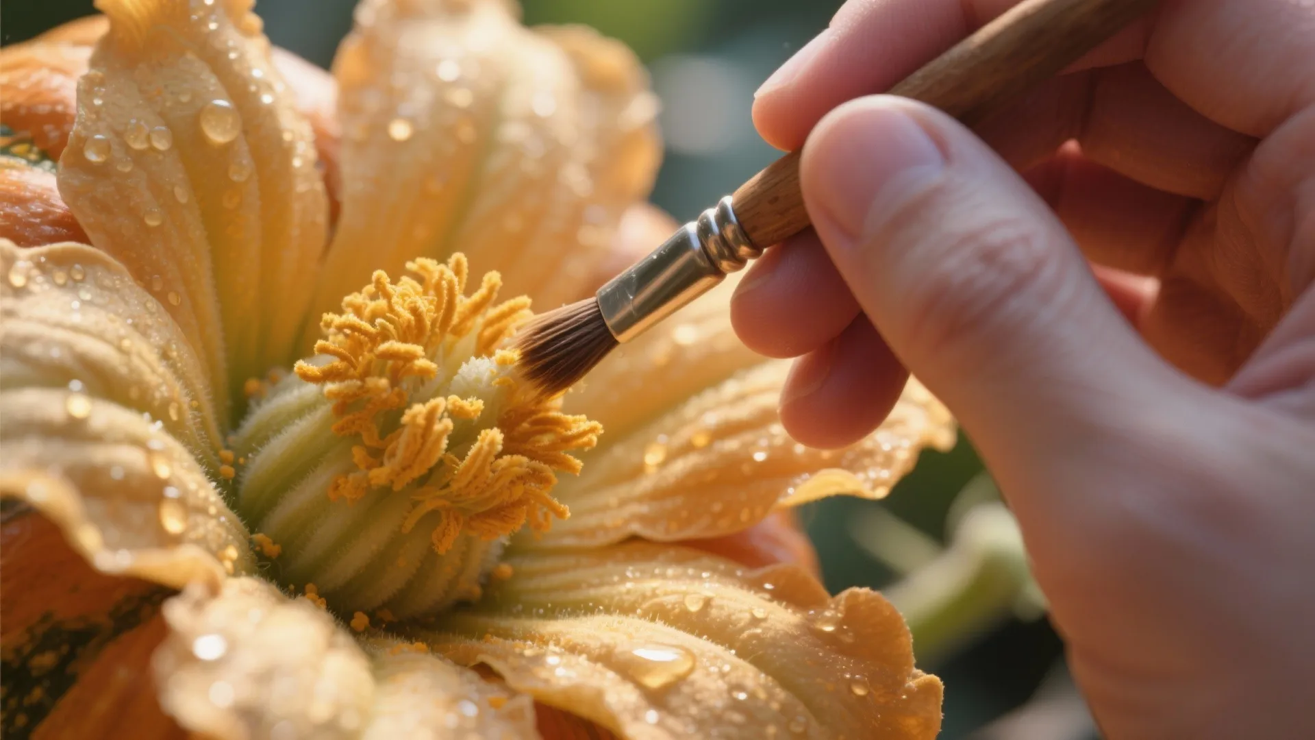 Hand using a tiny brush to touch the yellow center of a blooming pumpkin flower