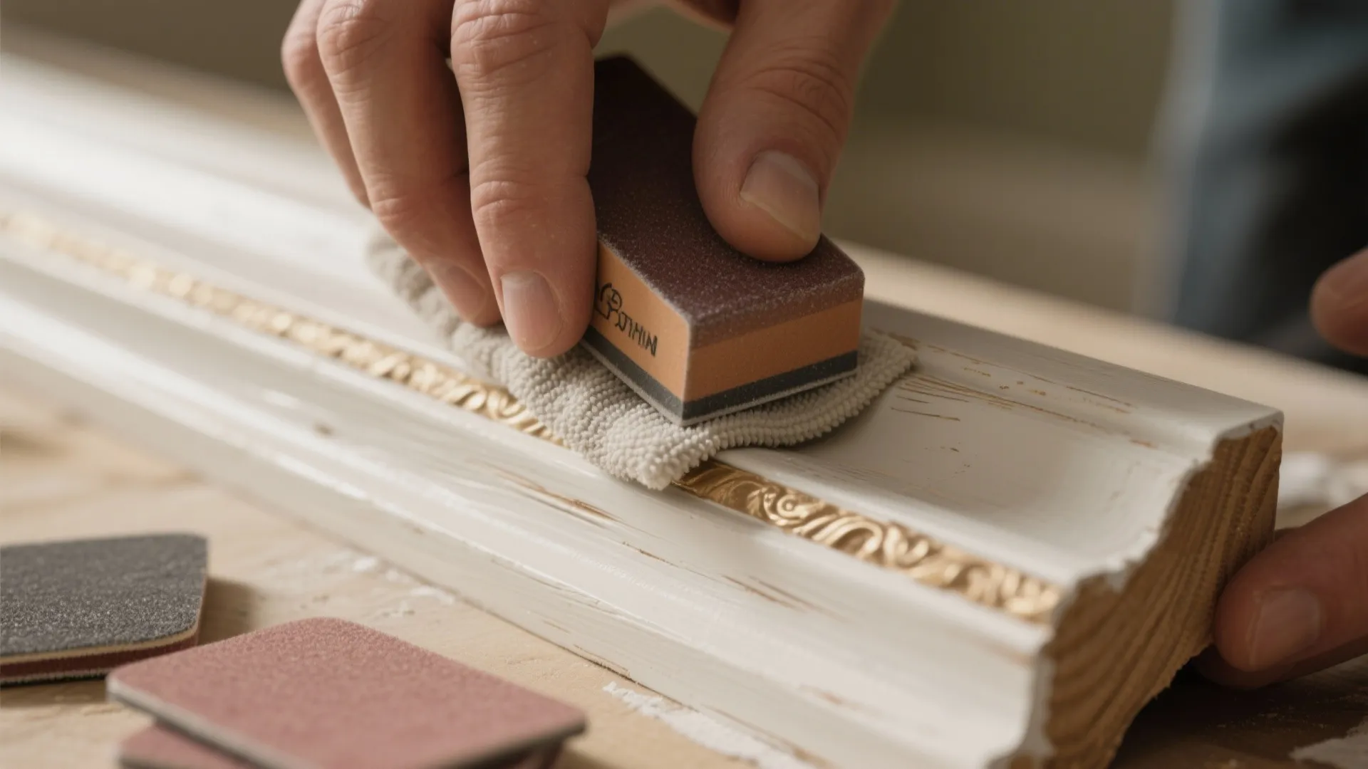 Person using a hand sanding block on white decorative wall panel trim with gold details