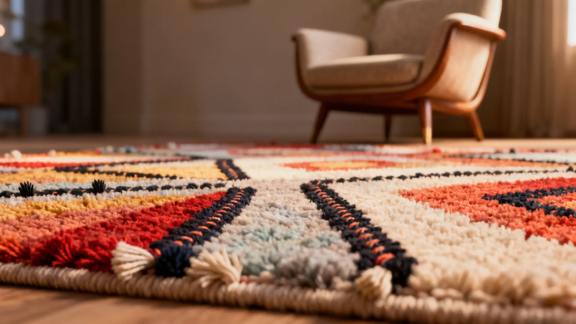 Plush hand-tufted wool rug showing tufted pile and bold pattern details.