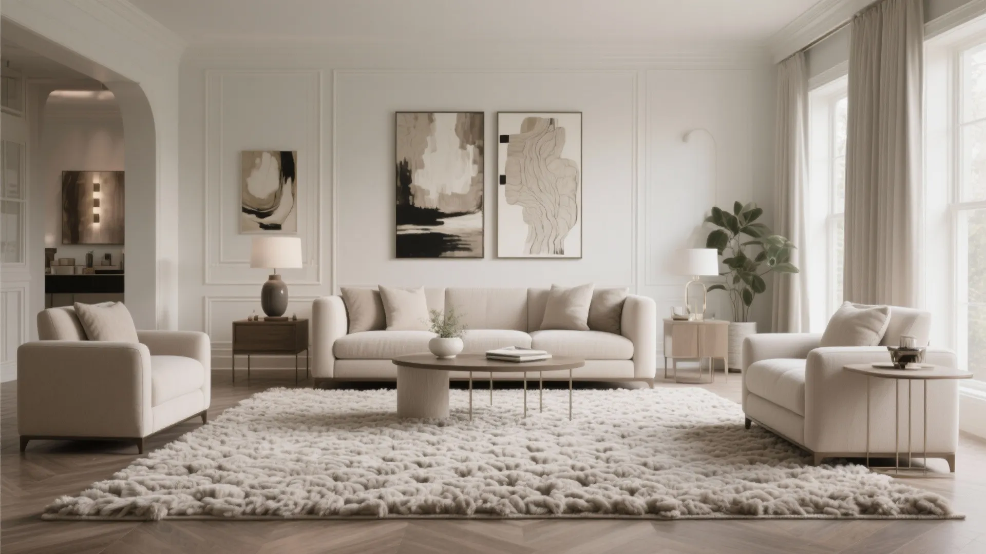 Elegant white living room featuring a thick textured rug cream sofa and large abstract paintings
