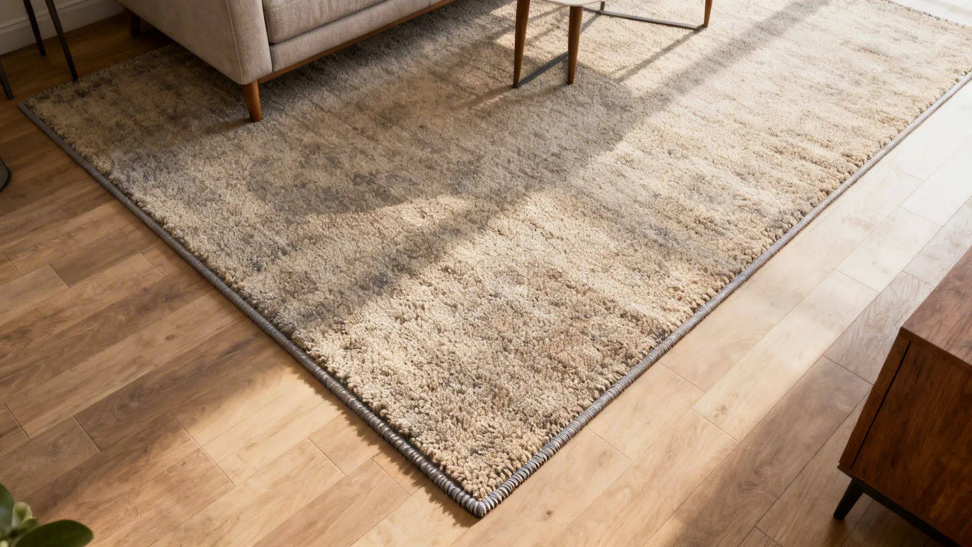 Top-down view of a living room showing hand-tufted rug placement and furniture leg arrangement.