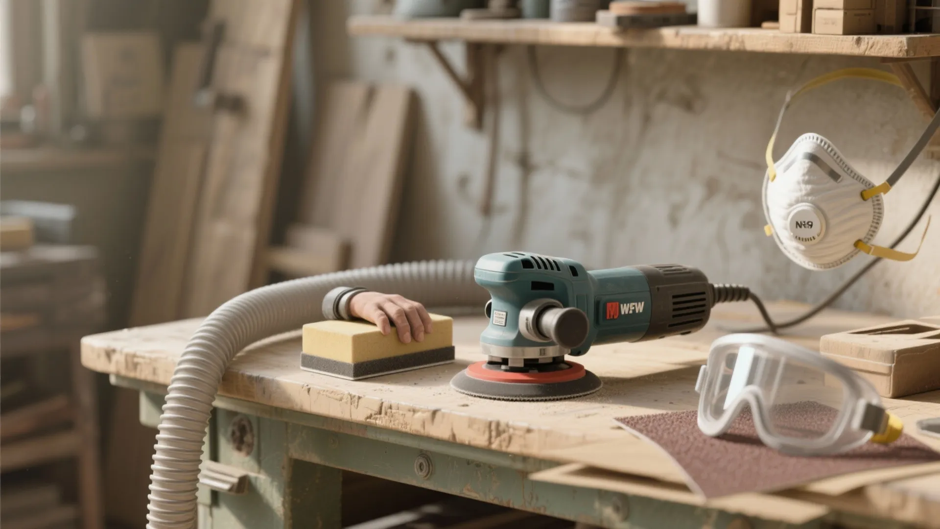 Electric power sander and manual sanding block on wooden workbench with safety goggles and face mask