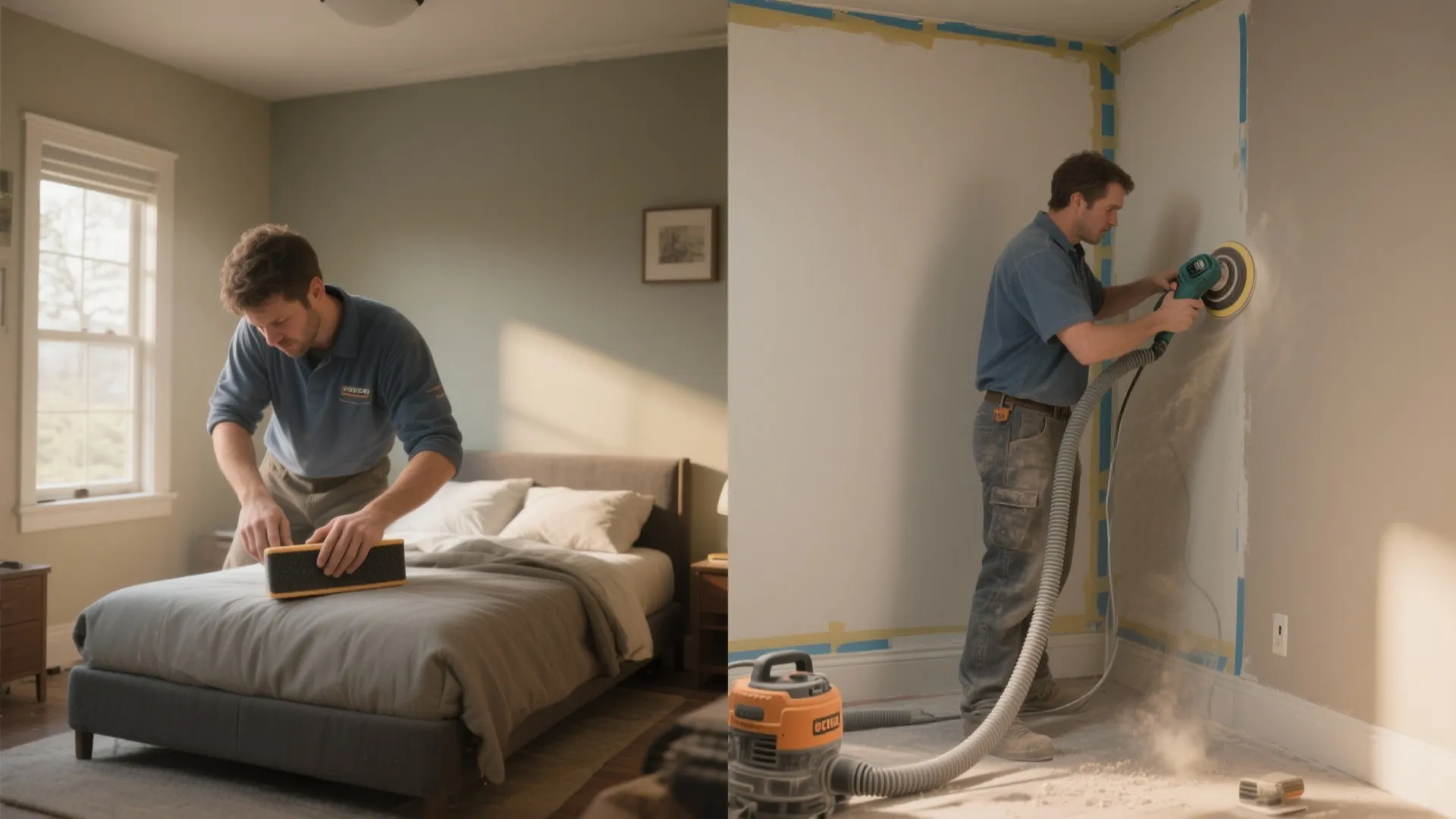 Comparison of man cleaning furniture by hand versus using power tools for wall sanding and repair
