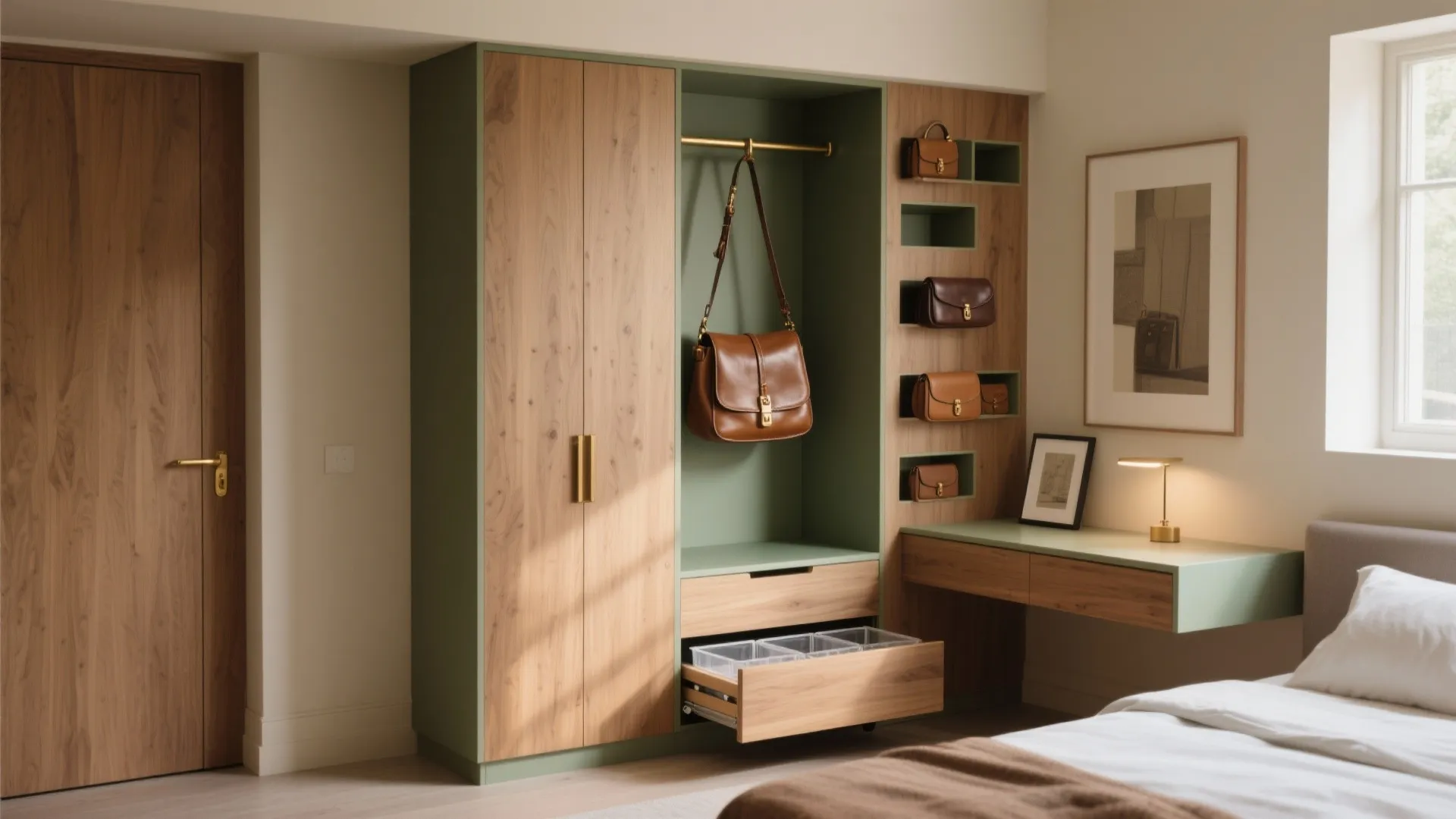 Green and wood bedroom closet with hanging leather bags open drawers and built in desk