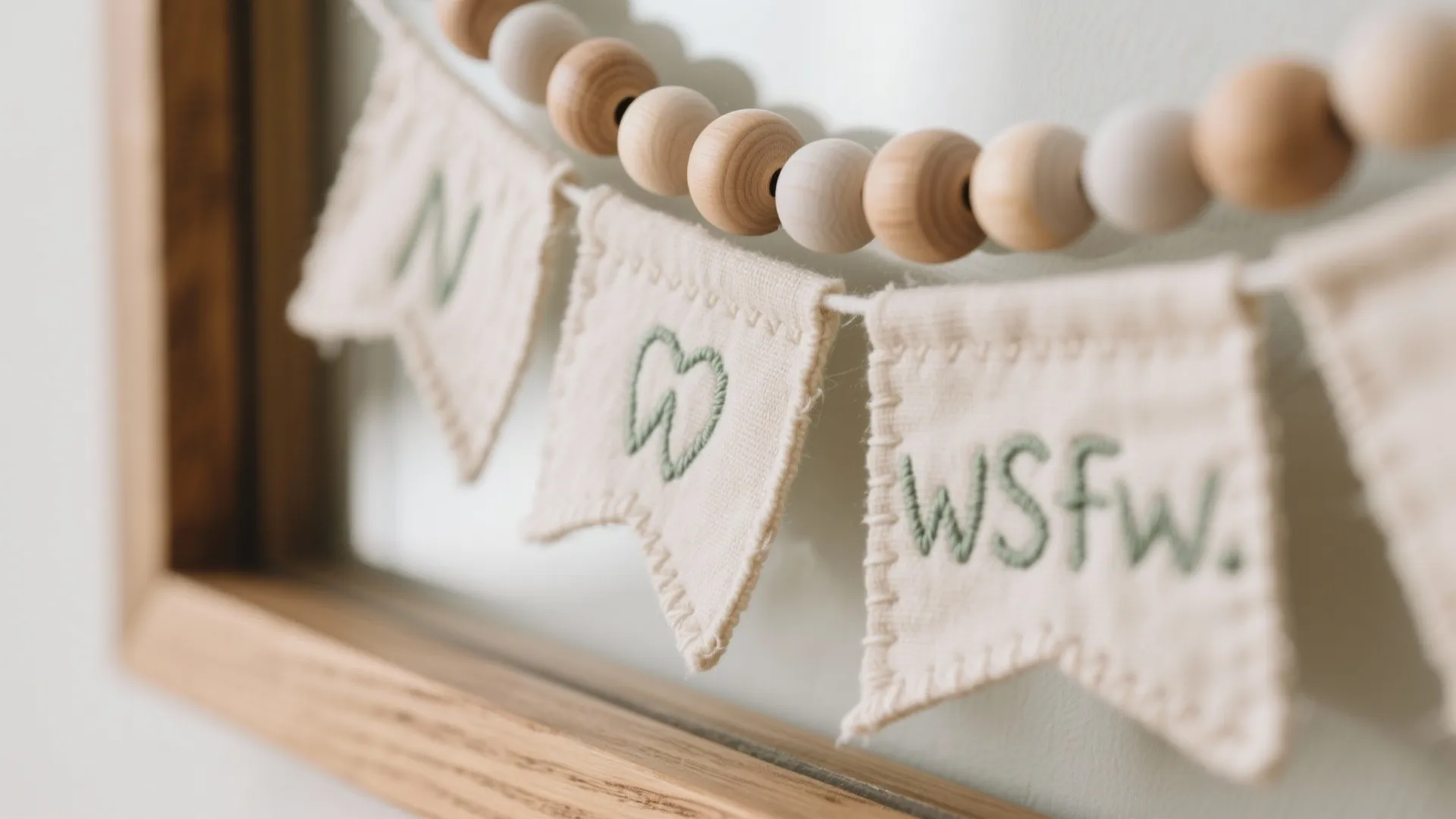 Small fabric flags with green letters hanging from a string of wooden beads for decoration
