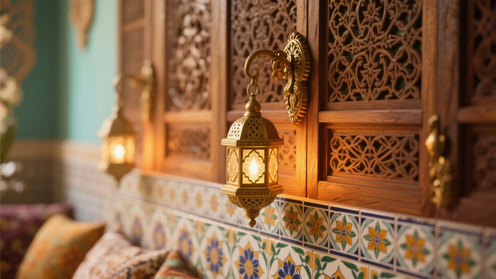 Closeup of Indian hand-painted tiles and brass lantern