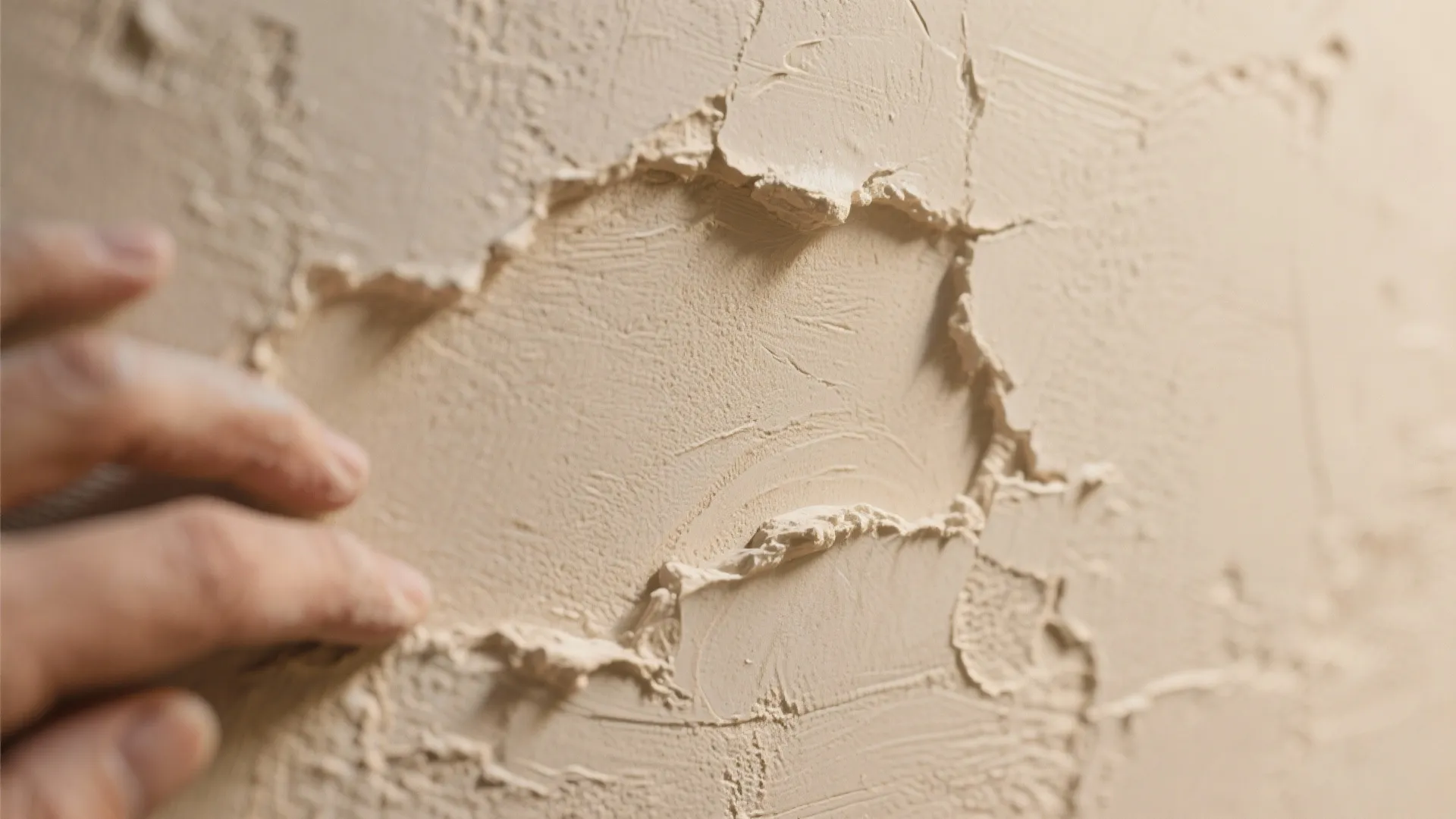 Hand touching beige textured wall with rough plaster finish for a modern interior home decoration