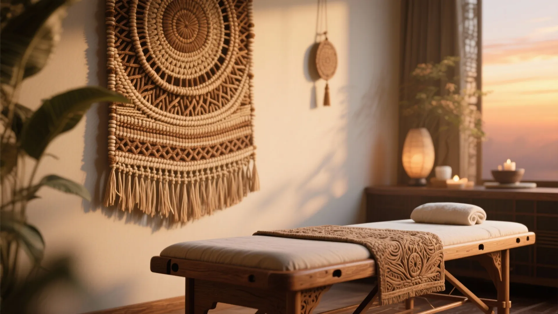 Bohemian style massage room with woven wall art wooden bed and warm sunset window light