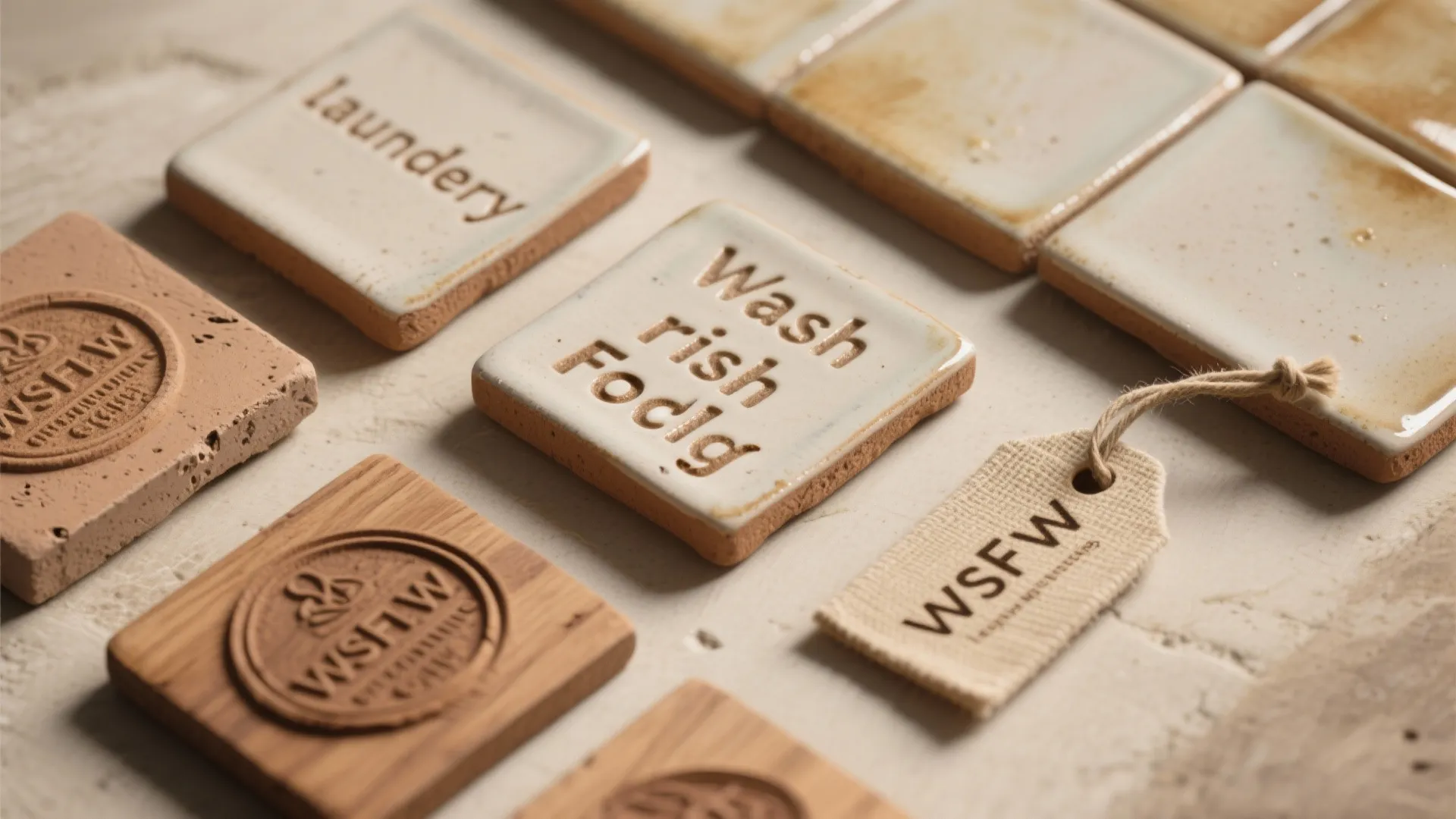 Top-down view of handmade ceramic tiles and wooden plaques stamped with laundry verbs.