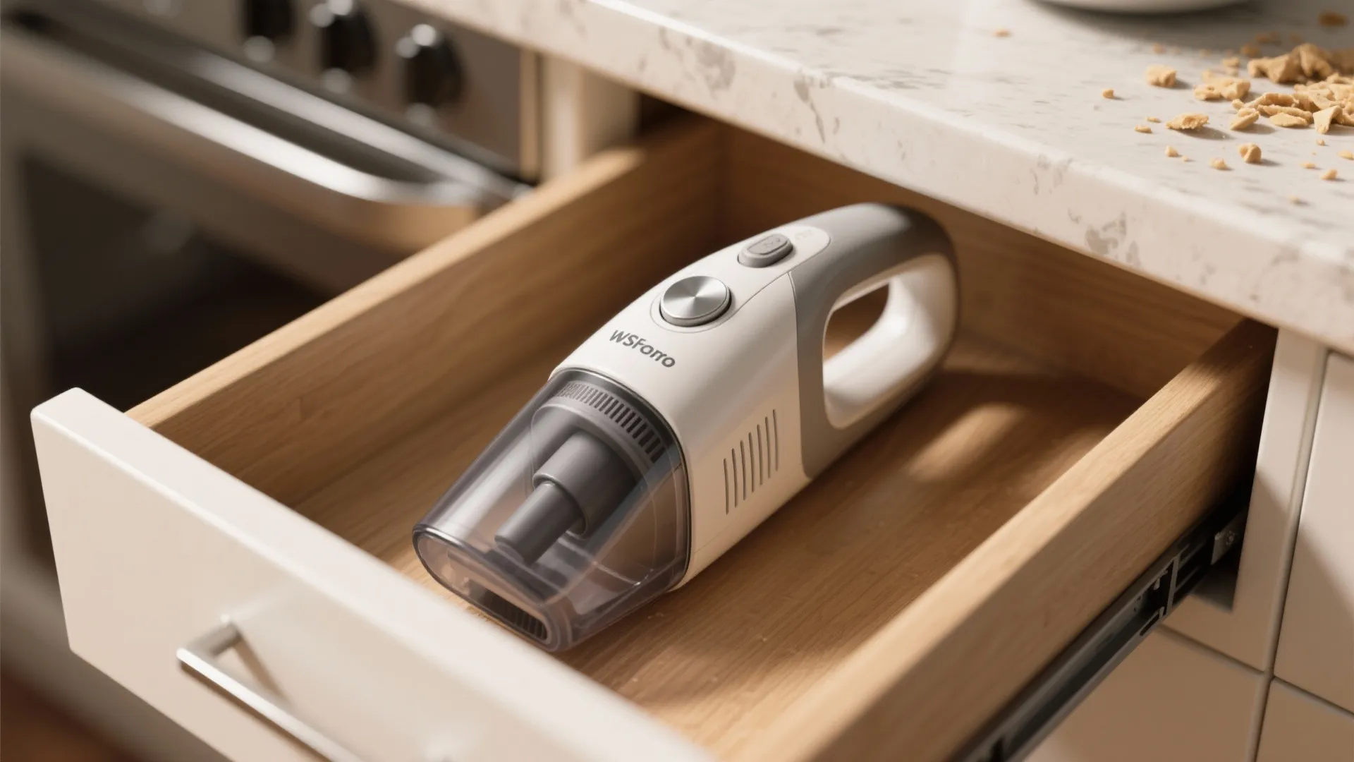 Small white handheld vacuum cleaner stored inside an open wooden drawer under a marble counter