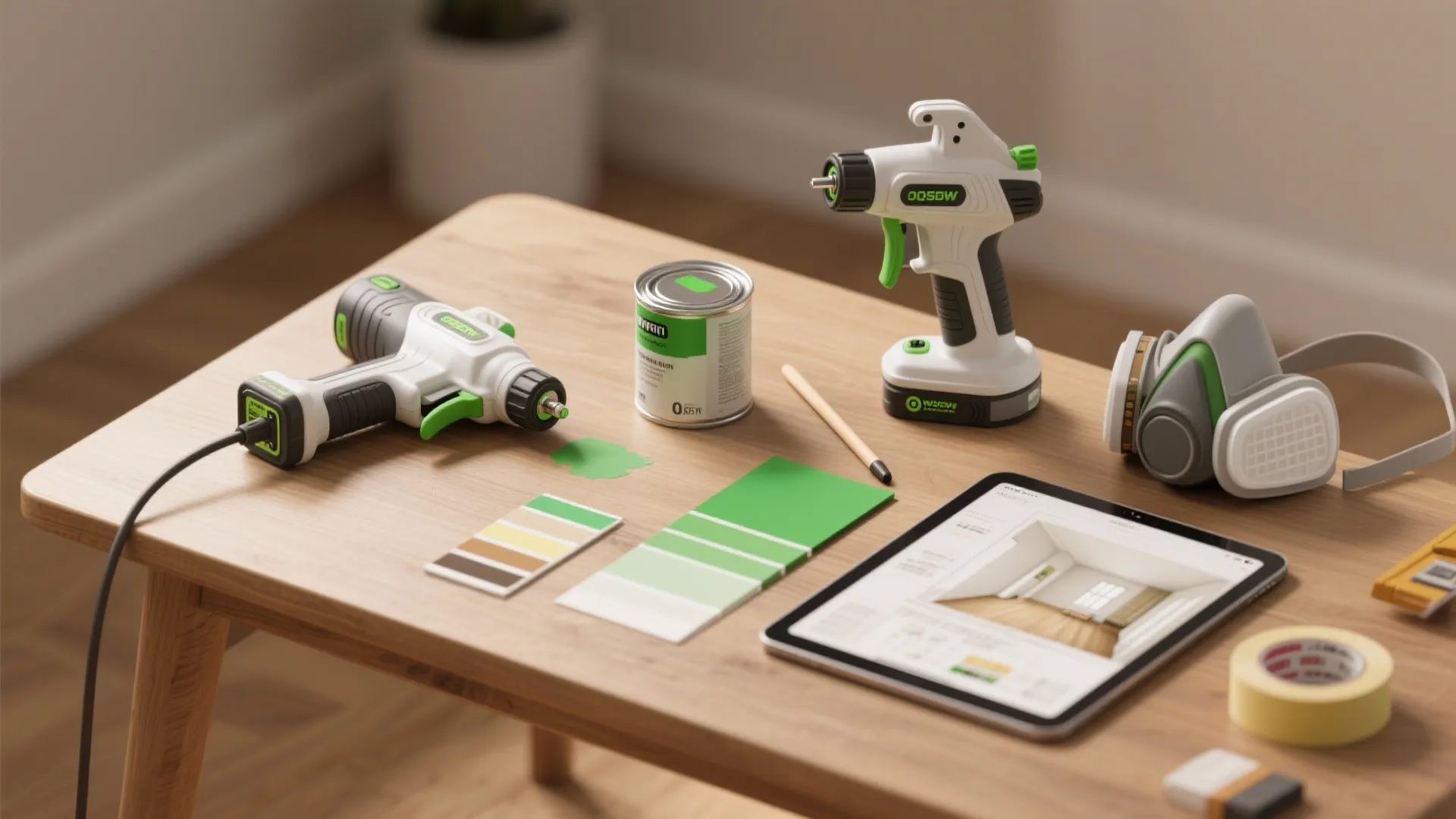 Wooden table with paint sprayer tools plus green color samples and tablet for home renovation