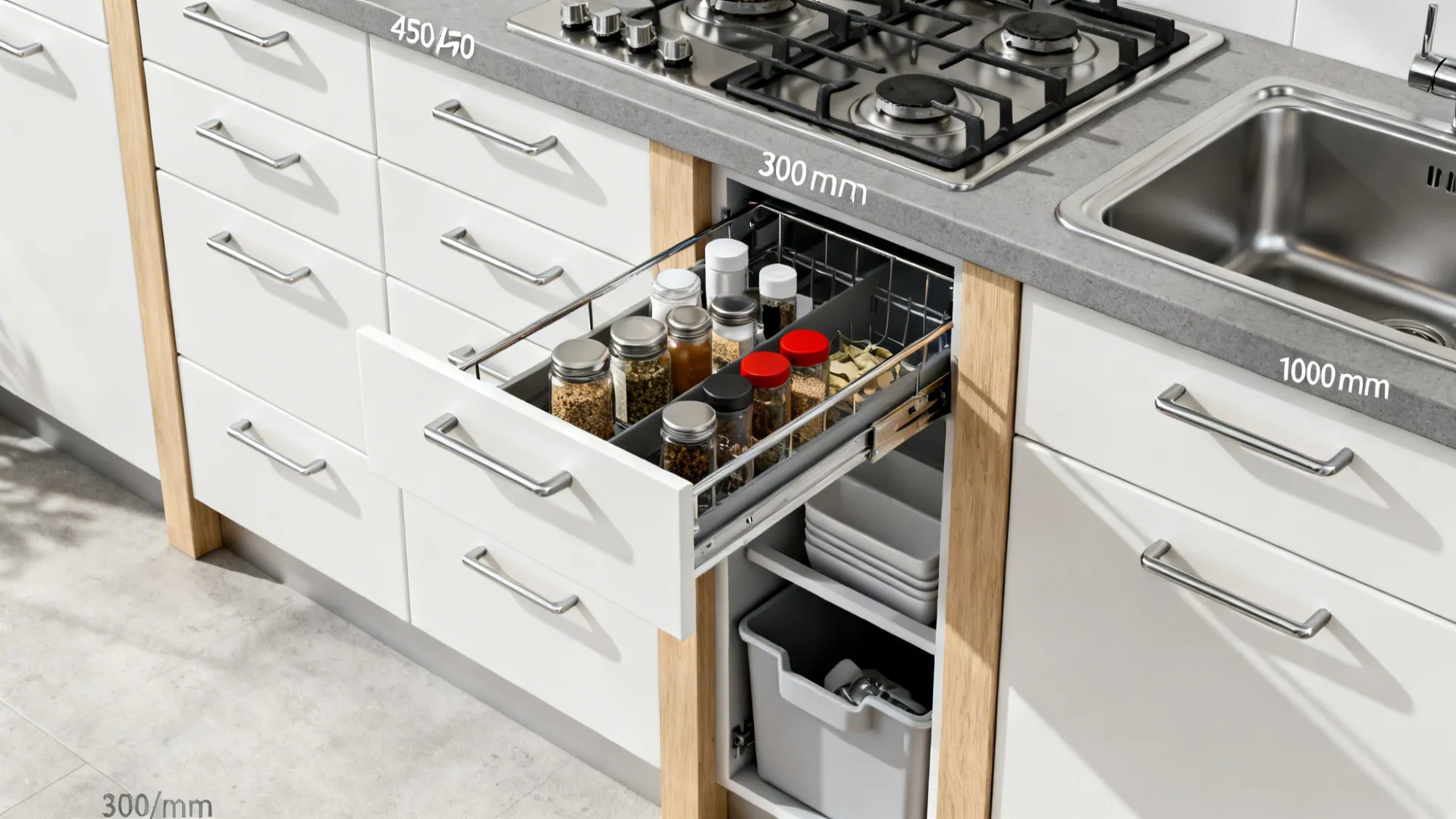 Macro top view of aligned drawer handles and a spice pull-out beside a sink base with no clashes.