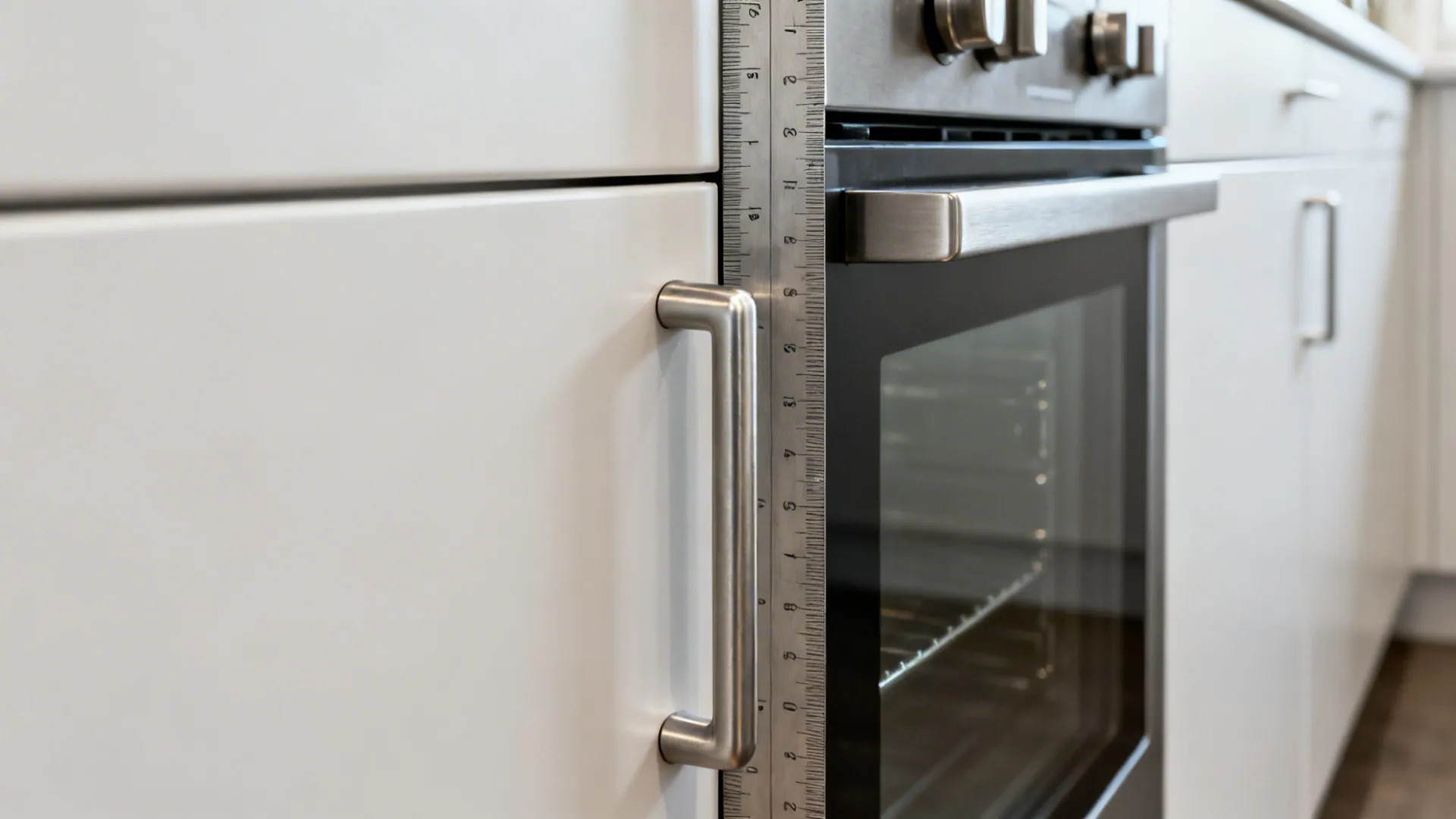 Close-up of cabinet and oven door handles in a narrow galley showing a safe clearance gap with a ruler.