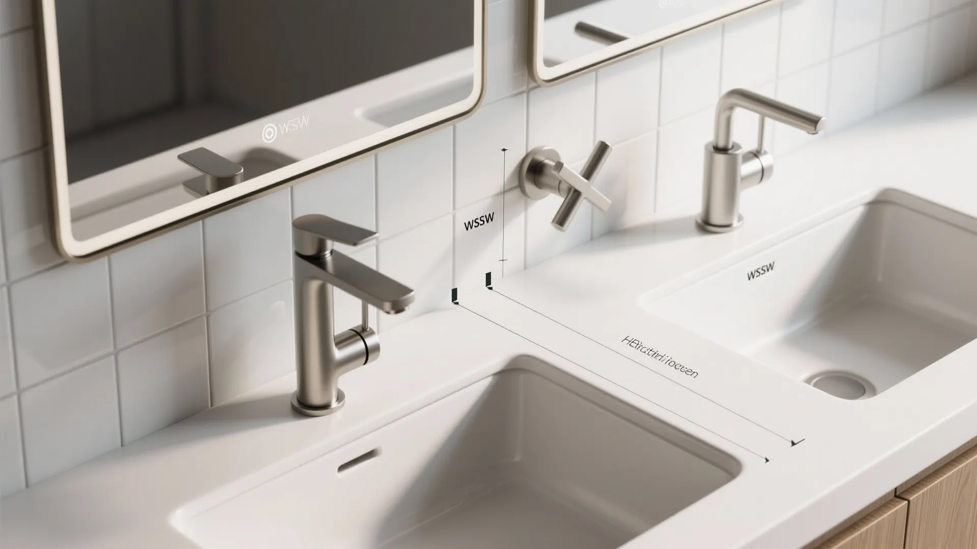 Technical interior design drawing showing faucet handle clearance measurements for a double bathroom sink vanity