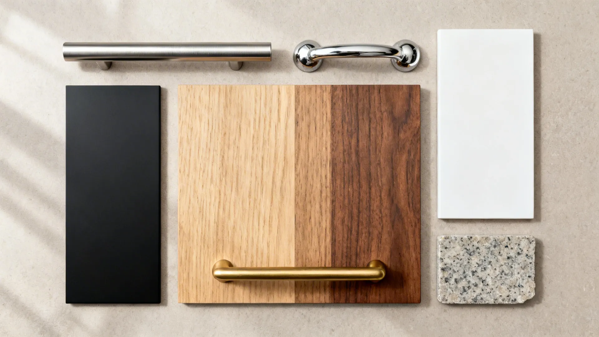 Flat lay of brushed stainless, black PVD, satin brass, and chrome handles with wood and stone swatches.