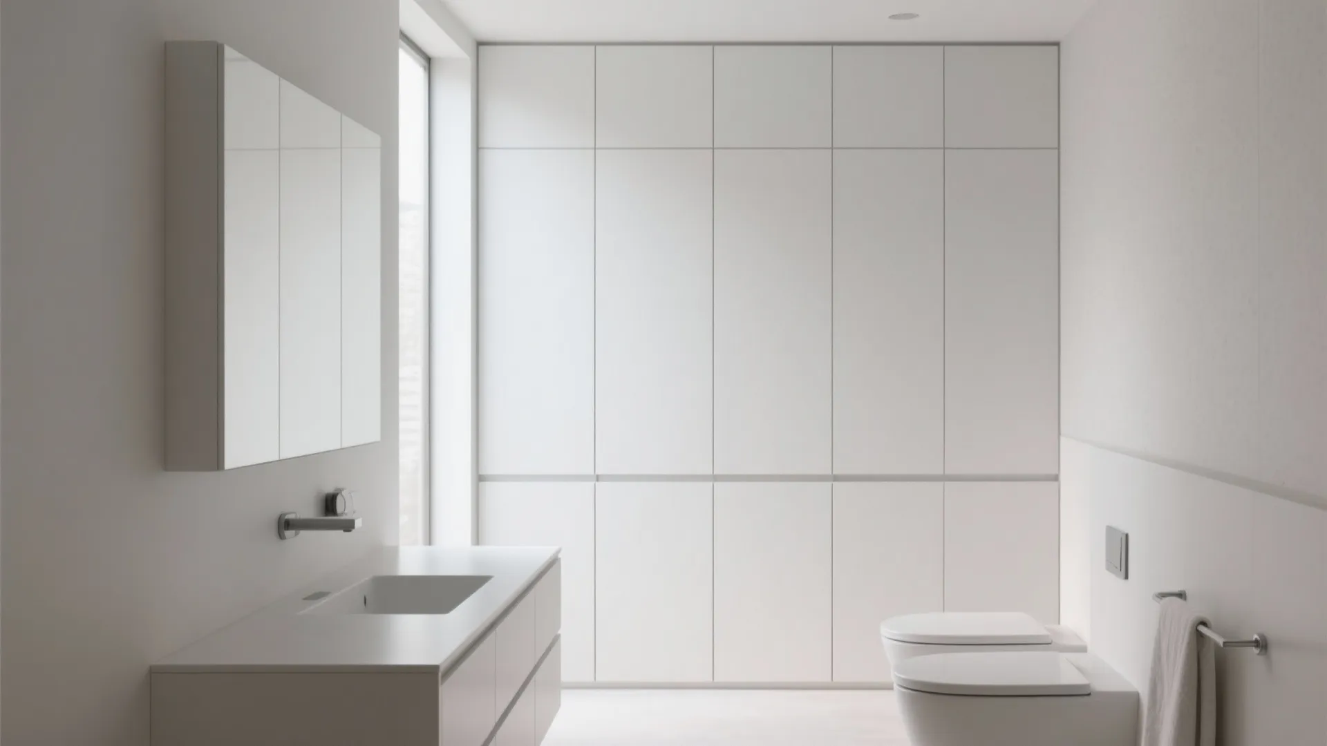 Minimalist white bathroom design featuring large wall cabinets plus a simple sink and two toilets