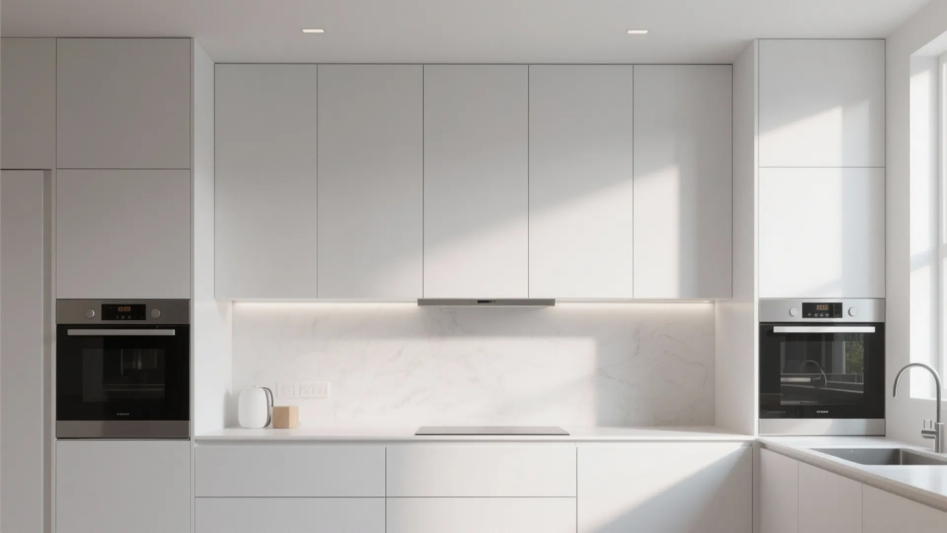 Minimalist white kitchen with handle-free cabinets and built-in ovens under soft warm light fixture and window