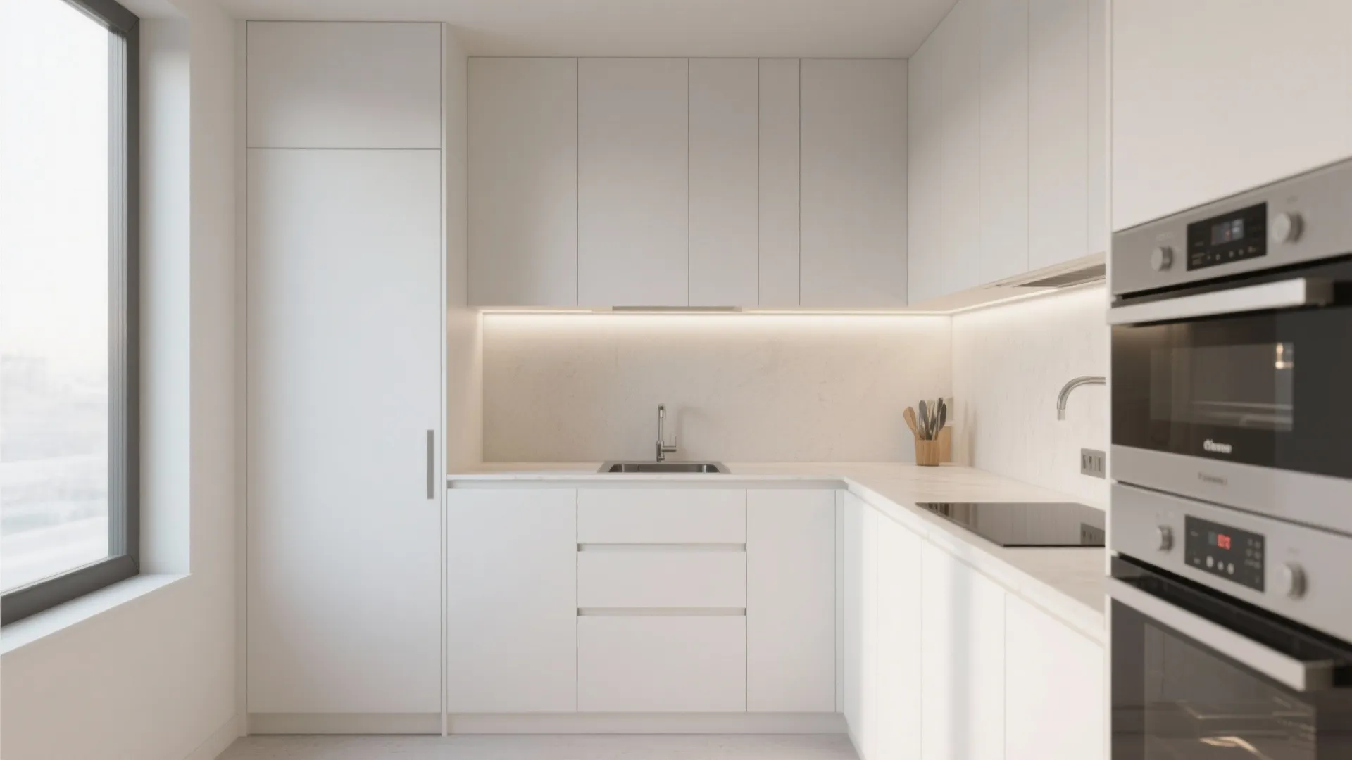 Minimalist white kitchen with handle-free cabinets and built-in ovens plus under cabinet lighting and marble backsplash