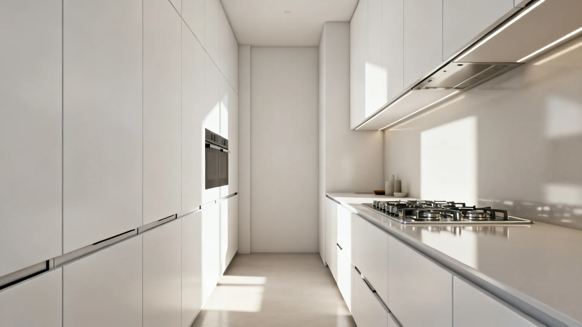 Handle-free matte white upper cabinets with hidden rails in a narrow modern kitchen.