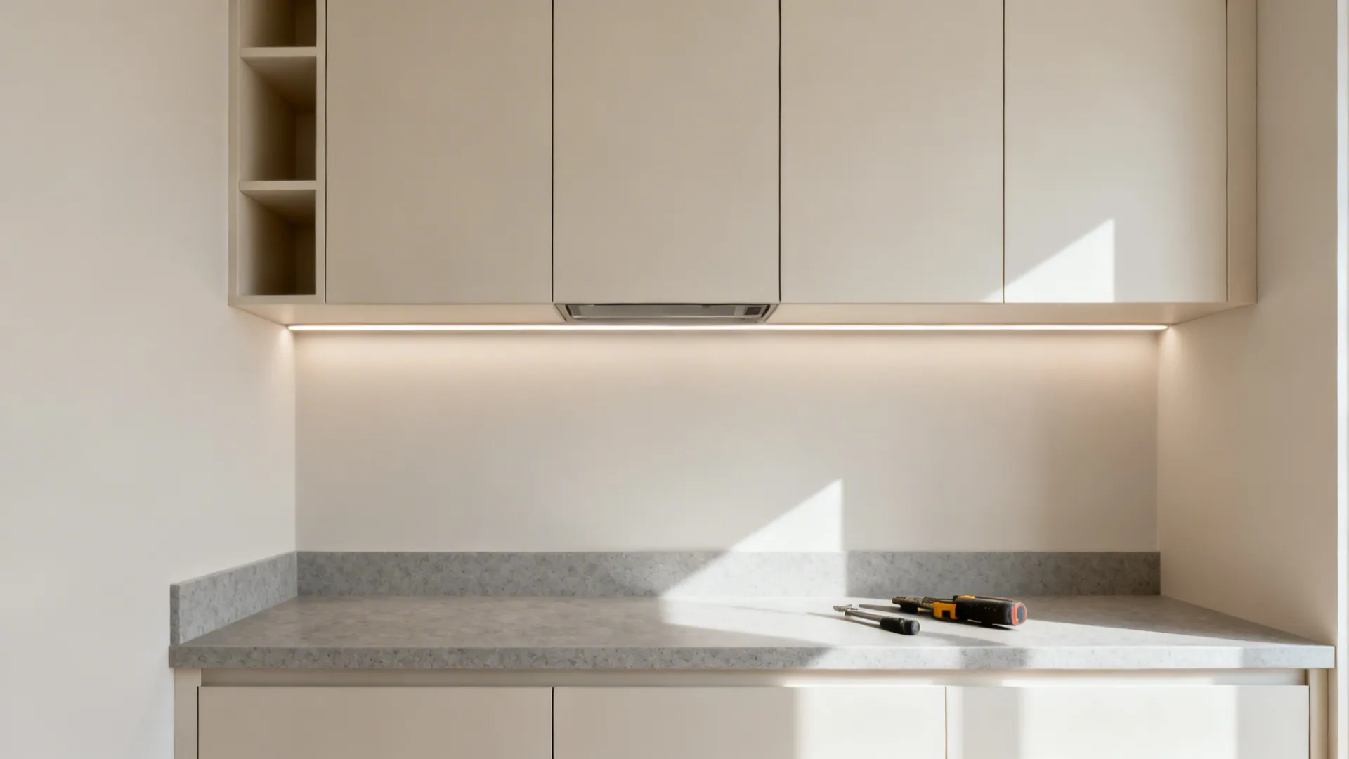 Handle-free matte upper cabinets with slim LED lighting over a light quartz countertop.