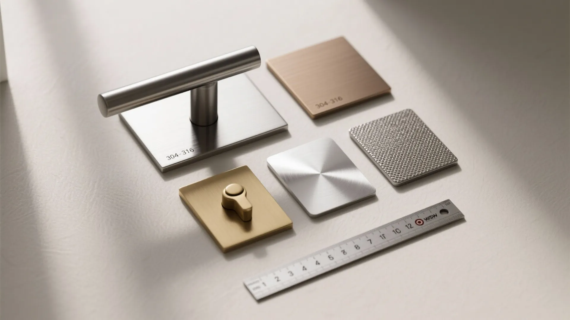 Metal hardware material samples including silver and gold door handles with a small metal ruler