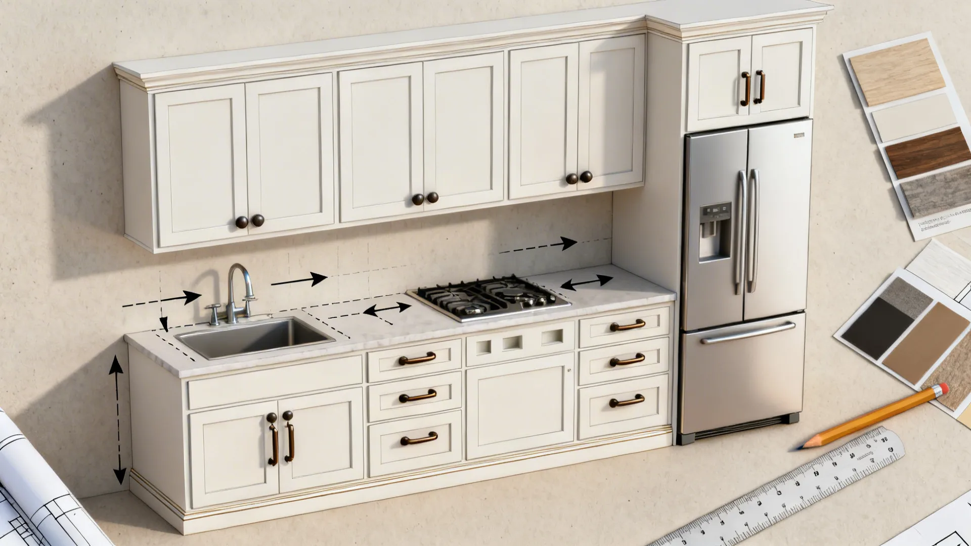 Top-down kitchen plan illustrating ergonomic placement of knobs, pulls, edge profiles, and recessed handles.