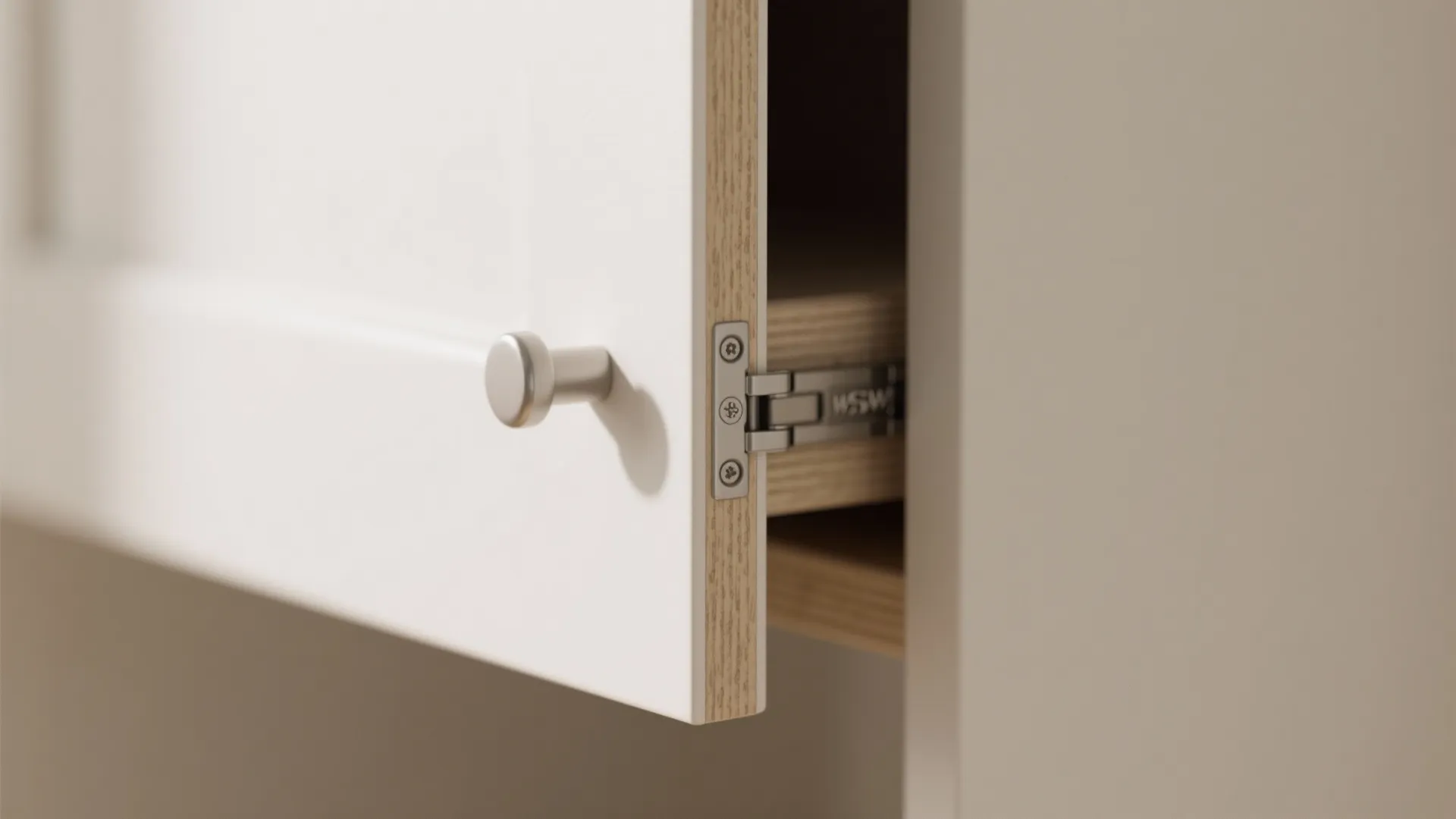 Close up of a white wooden cabinet door with a round silver metal handle knob