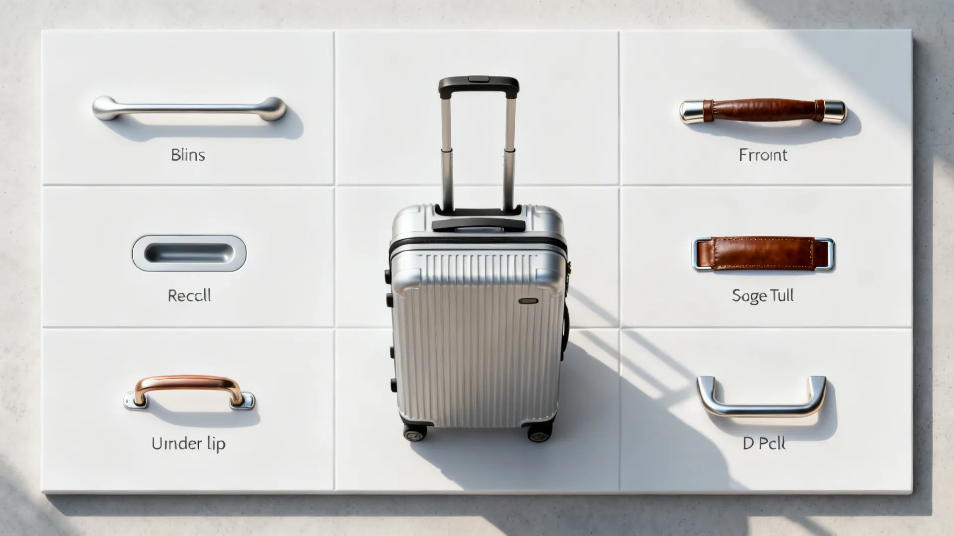 Top-down comparison of five trolley handle types arranged on a white panel.