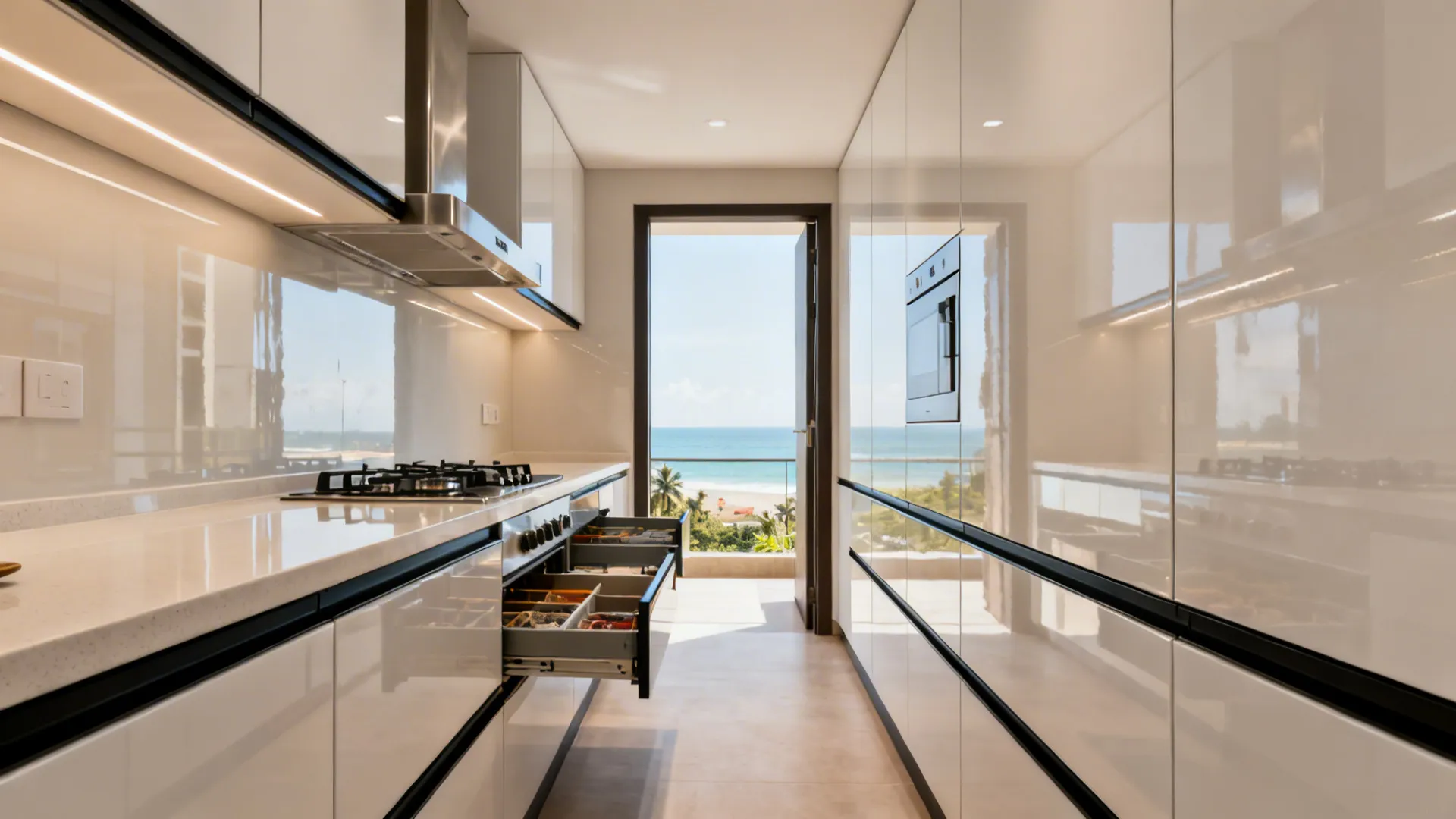 Handleless acrylic cabinets with black Gola channels in a compact Indian kitchen.