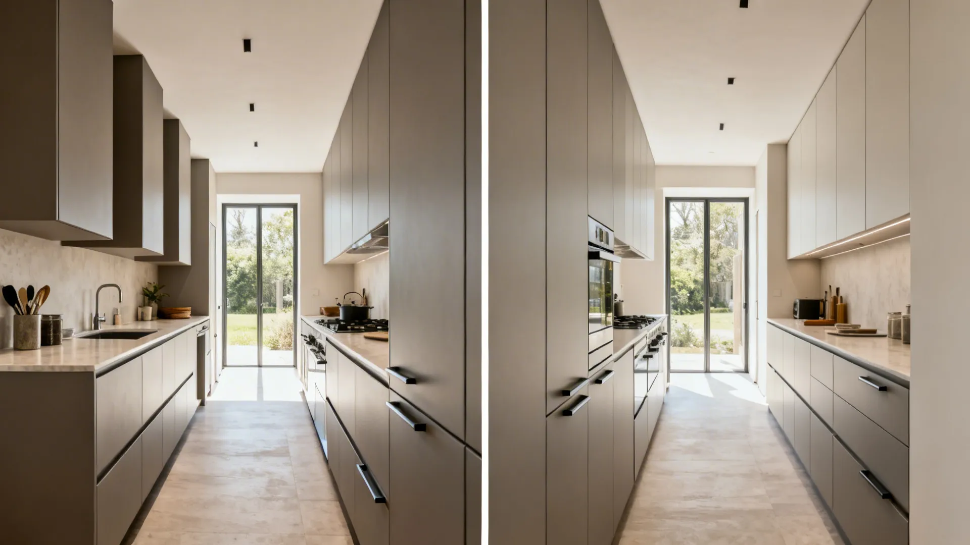 Split view of a galley kitchen before with bulky handles and after with handleless cabinets for a cleaner look.