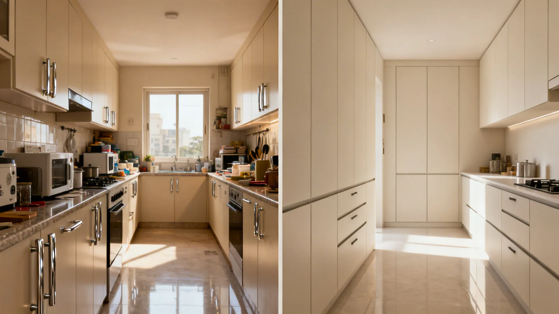 Before-and-after comparison showing handleless matte cabinets making a small kitchen look larger.