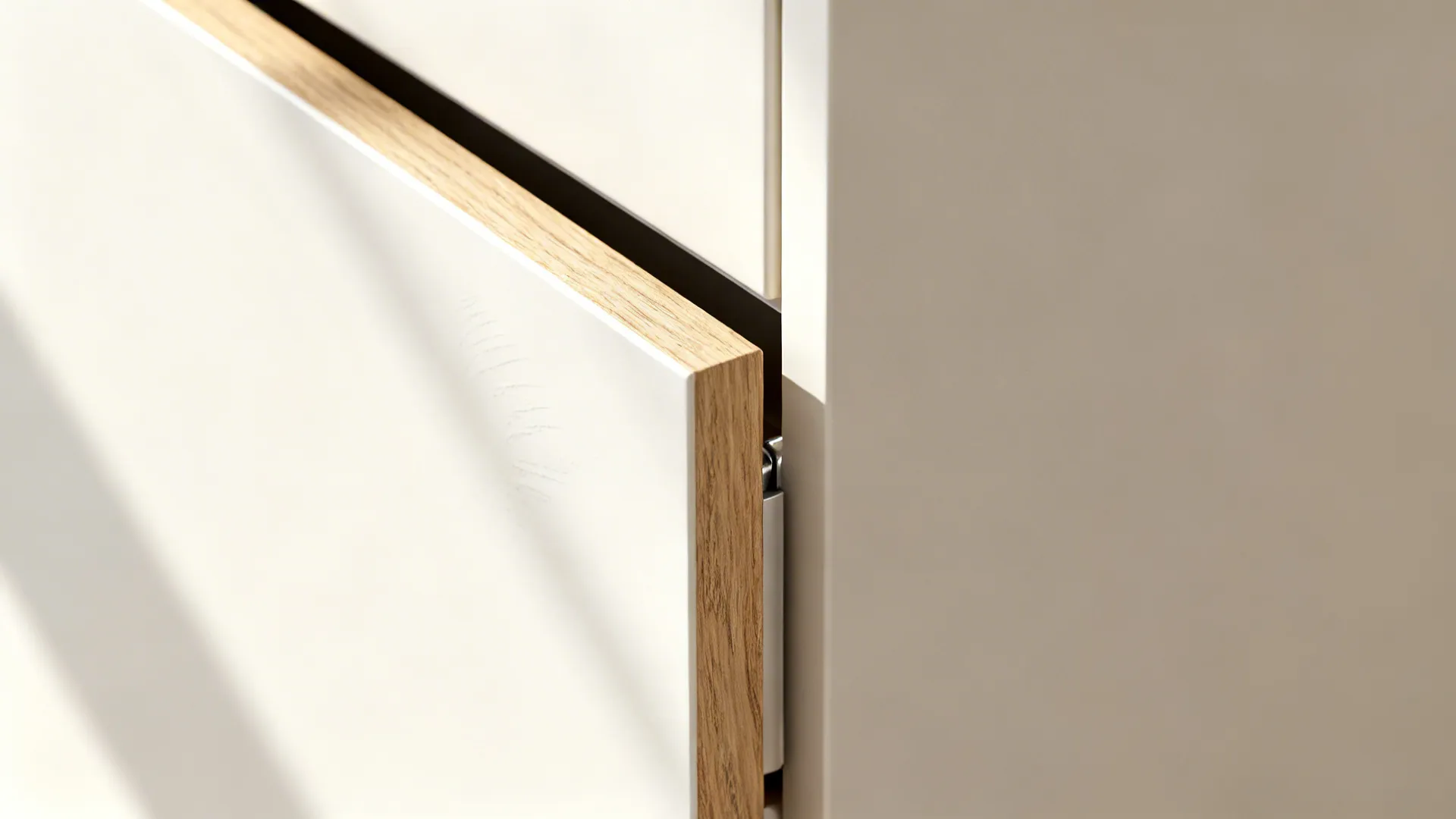 Macro detail of a matte handleless cabinet door with subtle wood edge and soft daylight.