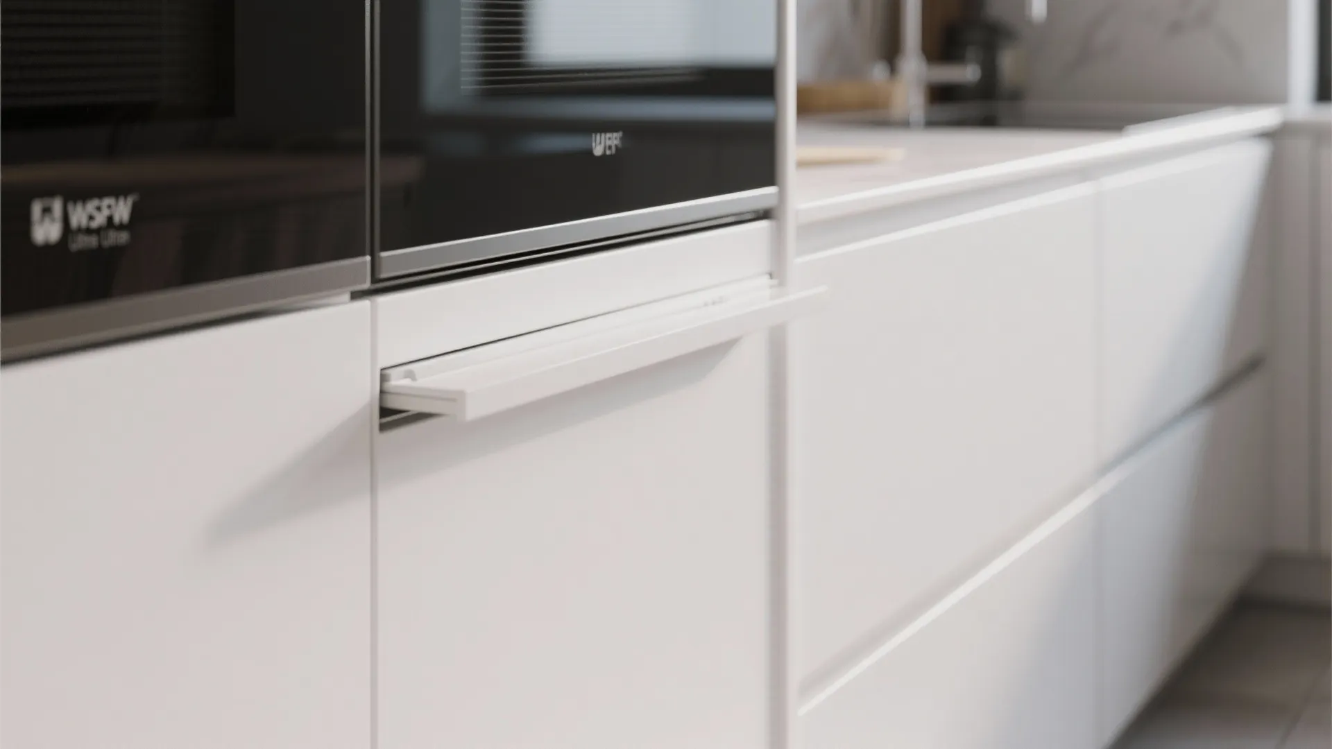 Close up view of white handleless kitchen cabinets and modern built in black kitchen ovens