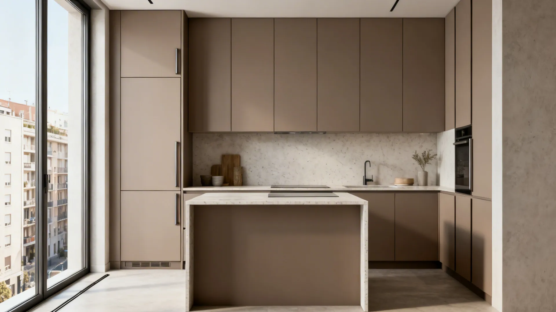 Handleless full-height cabinets in a compact kitchen with matte taupe fronts and clean vertical lines.