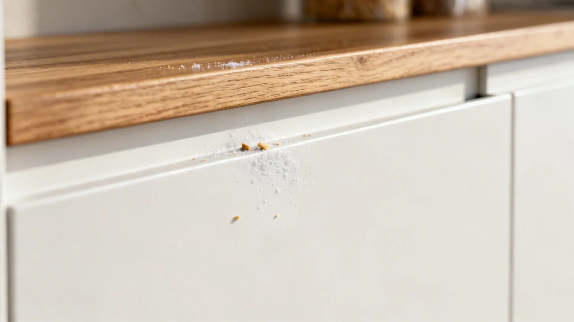 Macro of a matte white cabinet with an integrated channel pull and oak shelf edge.